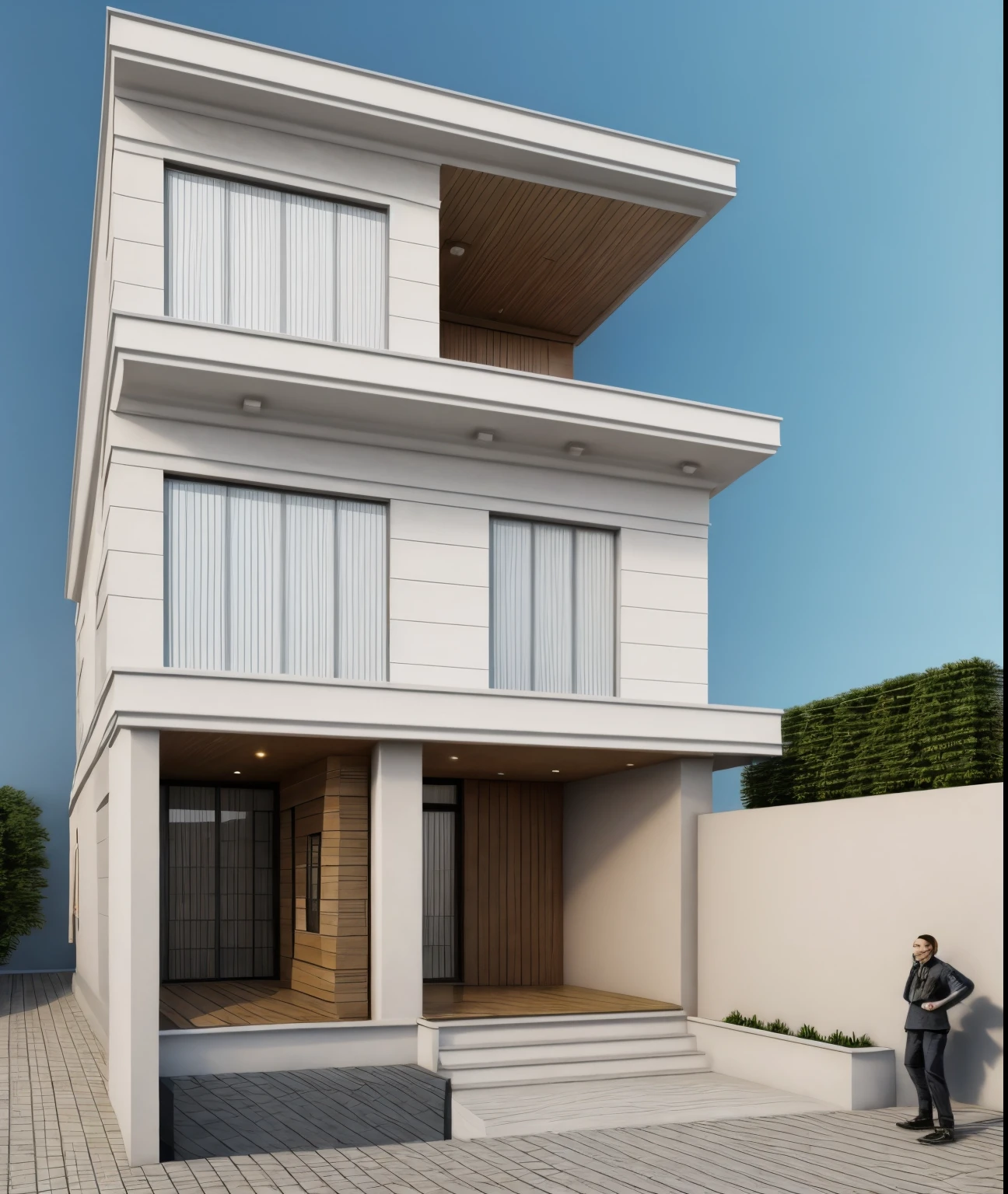 Realistic images, extremely detailed, a modern house, 1 road in font of house, large yard made by ceramic, (1 car), brick fence, lawn, a few small flowers, a road in front of the house, main materials of the house are white walls and red brick, Modern design, clear blue sky, sunrise light, light from inside, dynamic light,shimering light, cinematic light, romantic feeling, (((day light, warm light))), SNOW:1.3, WINTER