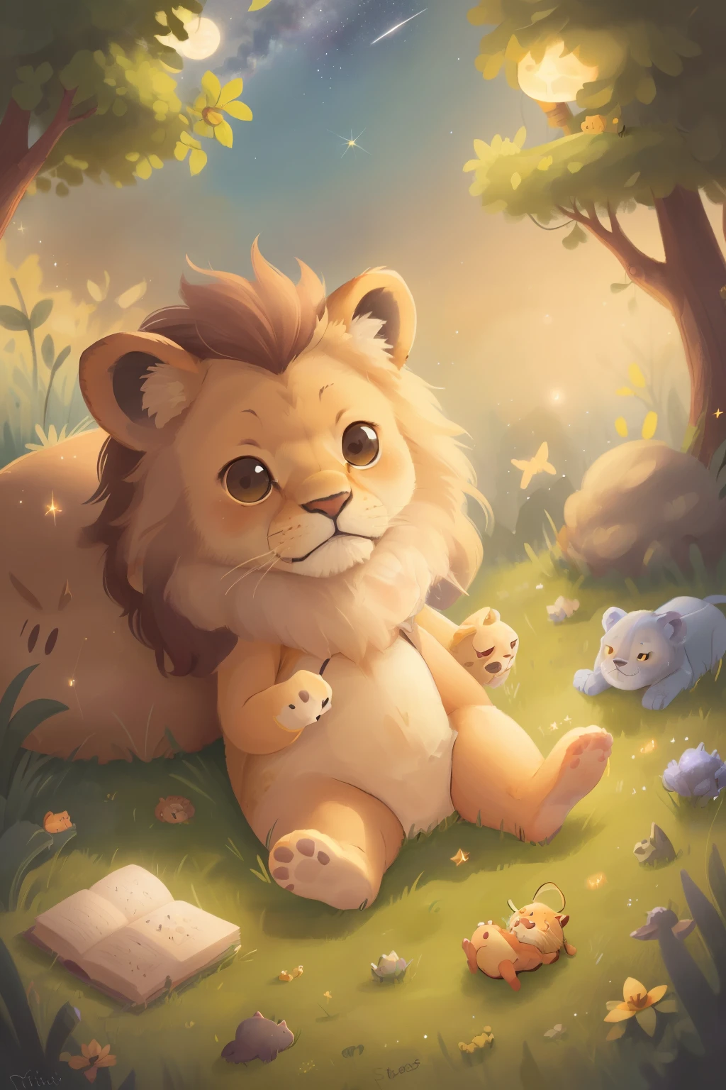 Night in the steppe，Stars are shining in the sky，A little lion lying on the grass looking at the stars，Fireflies floating around，The picture is warm and beautiful，meticulous，HD，illustration，children&#39;s picture books