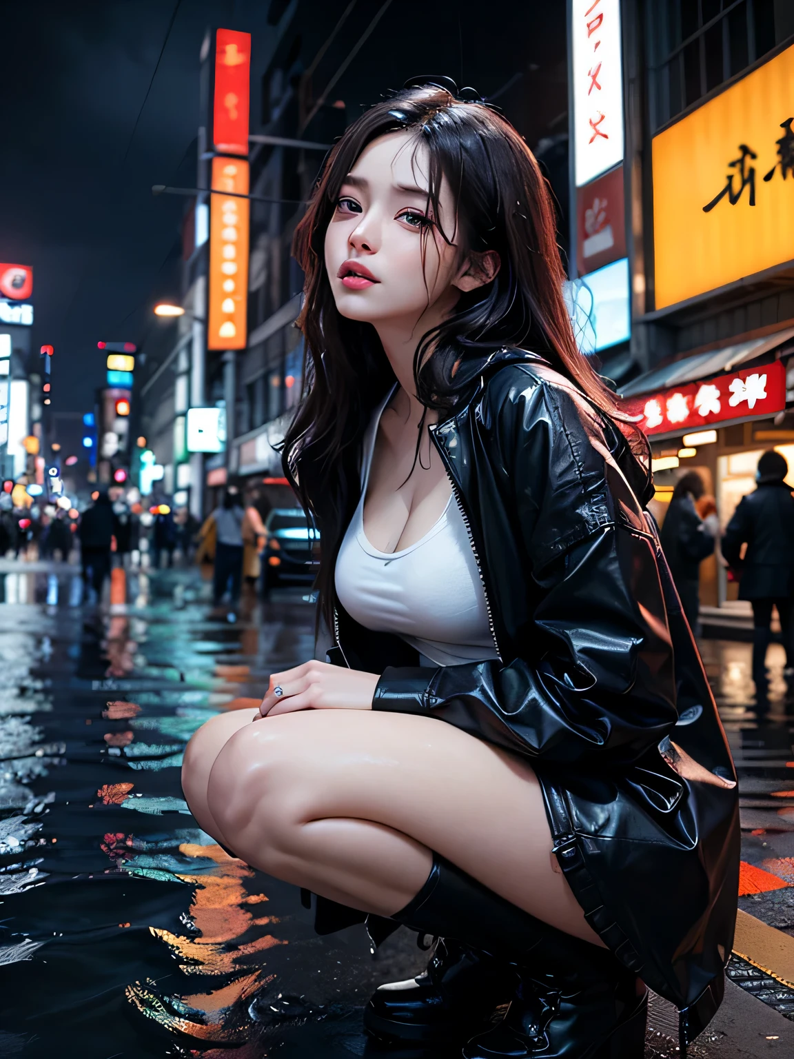 (masterpiece), (best quality), looking at another, (wavy hair:0.9), 1girl, beautiful woman, night, {black eyes|dark brown eyes}, {black hair|dark brown hair|dark hair}, {long hair|medium hair}, {cinema|town|grasountain|river|outdoor}, {medium breast|large breasts}, wearing raincoat and white shirt, knee high socks, black boots, heavy rain, flood, Short pleated skirt, raining, TOKYO of cyberpunk, night scene, dark, Beautiful Neon Lights, On cloudy streets, vibrant colors, the skin is white and beautiful, At the time of performance, extremely detailed face and skin, A detailed eye, extremely detailed face and skin