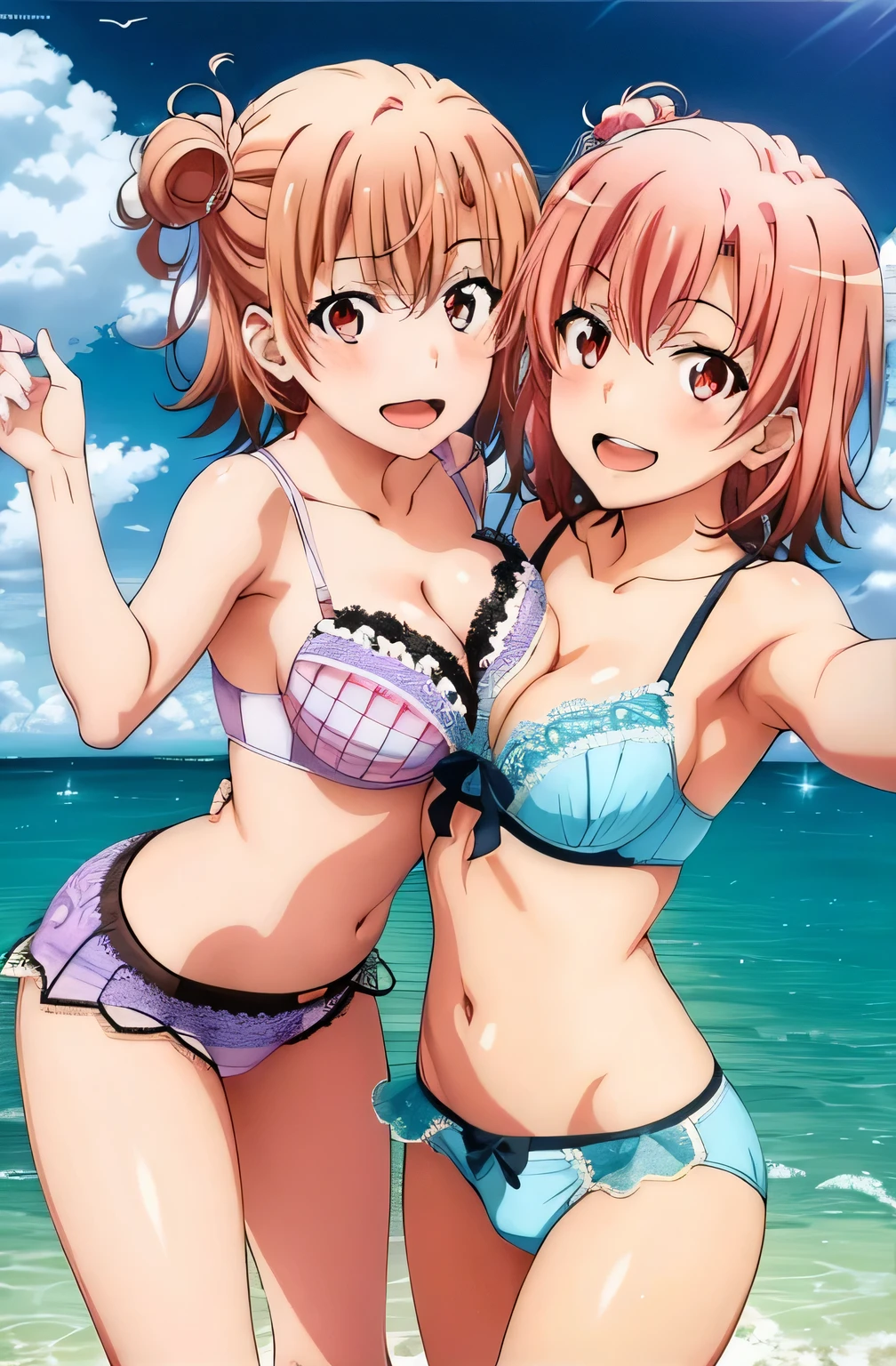 2 girls , Yukinoshita Yukino , Yuigahama Yui , Yuigahama Yui has big breasts, waltz dance ,Ocean, Yuigahama Yui pink lace bra and shorts,5Yukinoshita Yukino in white lace bra and panties,(high leg panties),high angle,looking at the camera,smile