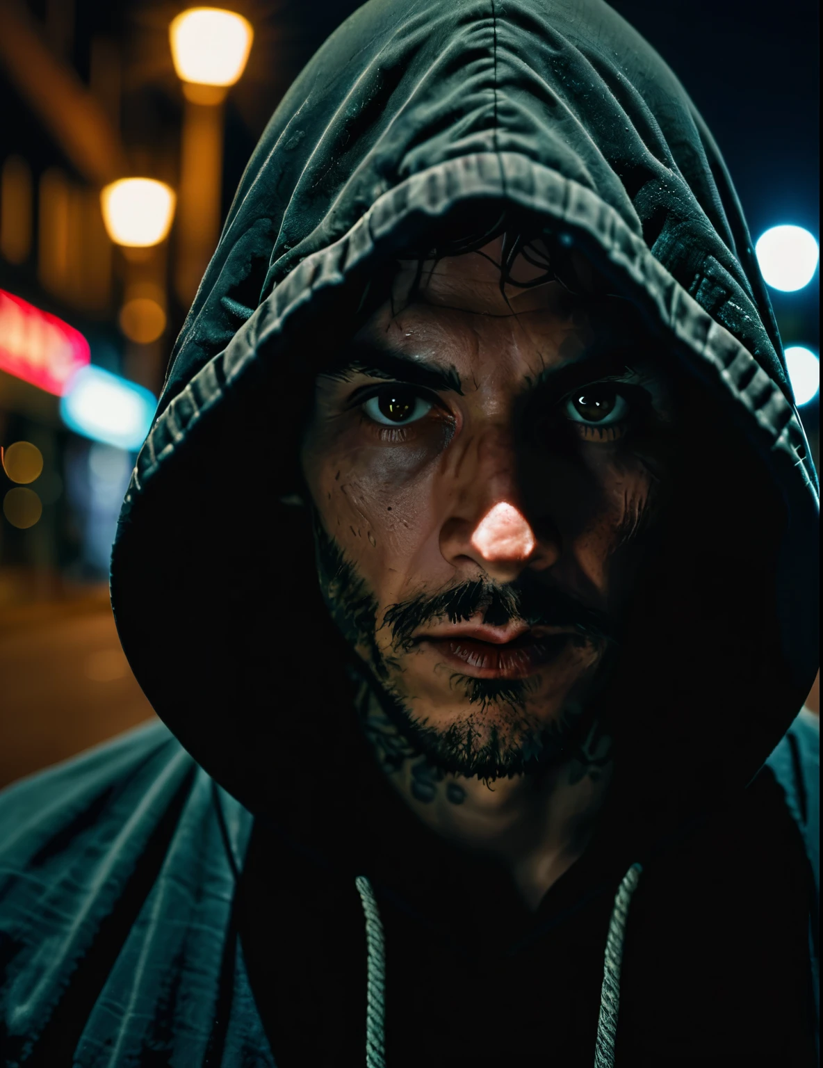 RAW Photograph, a mysterious hooded stranger in the night, detailed skin with visible pores, insane details, masterpiece, 8k, hdr, hyperrealism, 35mm photograph, dslr, kodachrome, raytraced