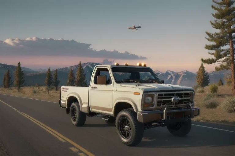 masterpiece, best quality, Far cry 5, Montana, a white pickup truck with a black cross on the door is driving along the road against the sunset background, Far cry 5, Montana, a white pickup truck with a black cross on the door is driving along the road against the background of sunset, a bright yellow valley, against the background of forests, hills, airplanes in the sky shooting along the road, orange sky