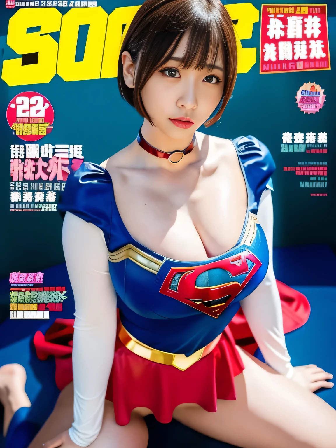 masterpiece、supergirl costume、short hair、barefoot、big and full breasts、human experiment subjects、Research room、operating table、Crisis situation、spread your legs wide、choker、shiny、looking at camera、Seduce、choker、long sleeve、red tight skirt、Weekly magazine cover、model body shape、realistic、