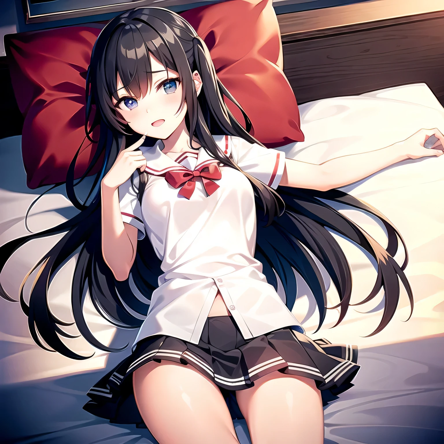 Black hair, Cat ears, Cat girl, Red eyes, Student clothes，Superskirt，blacksilk，