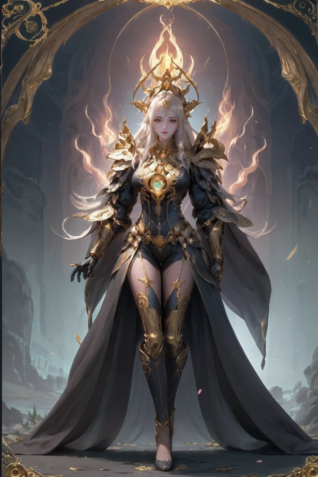 tarot cards，Full tarot border，(The image is surrounded by a tarot card-style border:1.8), (Masterpiece, High quality, Best quality, offcial art, Beauty and aesthetics:1.2),(theelementoffire:1.4),（1 young woman：1.6）,Composed of fire elements，Highly realistic,posing elegantly,Transparency,Sci-fi lighting effects,dress,Flame,hoang lap，climaxing，，brown  hair，best qualtiy，tmasterpiece，（realisticlying：1.4），RAW photos，vibrant with colors，Flow and movement。salama，hilltop，Great giants，Sexy gesture，Barefoot，without wearing shoes，palp，bubble，Deep background，Fantastic and incredible，Epic composition，(Complicated details，Hyper-detailing:1.2)，art  stations，（tmasterpiece，best qualtiy）surrealism, shadowing, anaglyph, stereograms, angle of view, Cinematic lighting, 8K, Super detail, ccurate, Best quality, A high resolution, Award-Awarded, Anatomically correct，Burning body，Elaborate Eyes，delicated face，Right eyes，long layered silvery white hair，Black cape，lots of flames，Buble, shells, Fish, pearls，Nautilus，a plant，jelly fish，The corals，Vintage style，（zentangle，datura，Tangles，entangled）， (s fractal art: 1.3)，holy rays，gold foil，Gold leaf art，glitter drawing，Full tarot border，（Full border 1.5），Fang Yi，