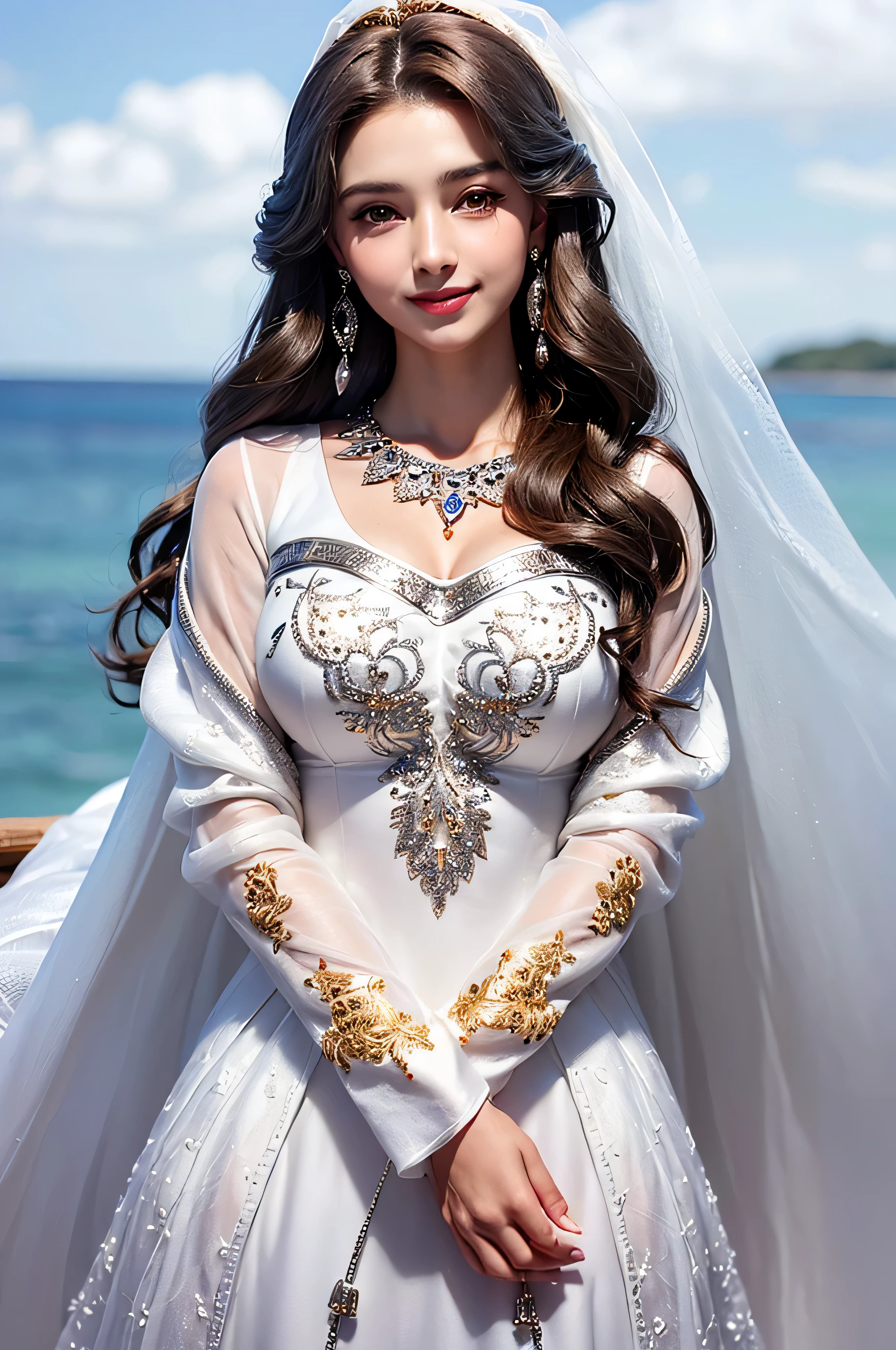 ((Highest image quality、8K、masterpiece:1.3))、selfie、sharp focus:1.2、Cute beautiful woman with perfect figure:1.4、slim big breasts、((brown hair black))、(Wedding dress、veil)、((Blue sky、White cloud、Rainbow-colored))、Highly detailed face and skin texture、detailed eyes、double eyelid rainbow、((Super long brown hair:1.2))、((gold necklace_Large earrings:1.2)),、((Hair with loose waves inside:1.2)),((shy smile:1.3)),((Flowing white dress decorated with intricate silver embroidery_long sleeve_Thin:1.3))