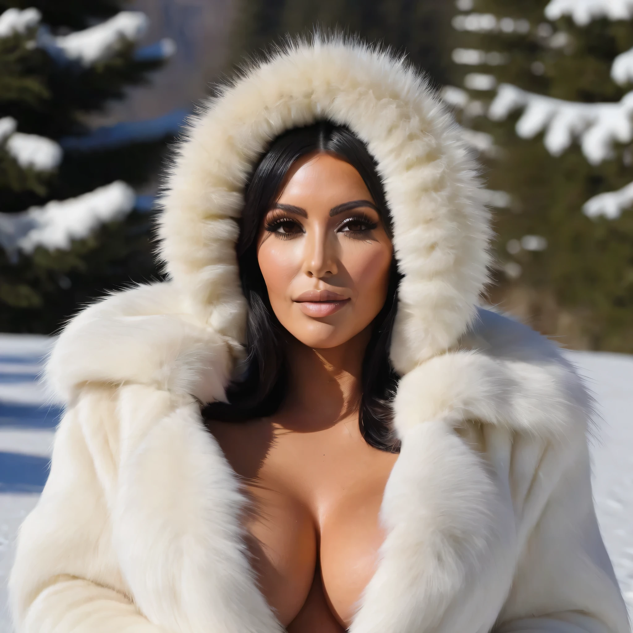 A very long and very thick synthetic fur coat, volumineux et puffy, doux, imitation renard blanc avec un énorme col de fourrure très épais autour de la tête, enveloppant la jeune Kim Kardashian brune, with two huge very swollen bare breasts visible, she is completely naked and opens her fur coat wide, we discover her enormous breasts with prominent nipples and brown areolas, lying nastily in the snow under the sun and generous nature, elle éclate de rire en regardant la camera, radieuse, she caresses her big tanned breasts