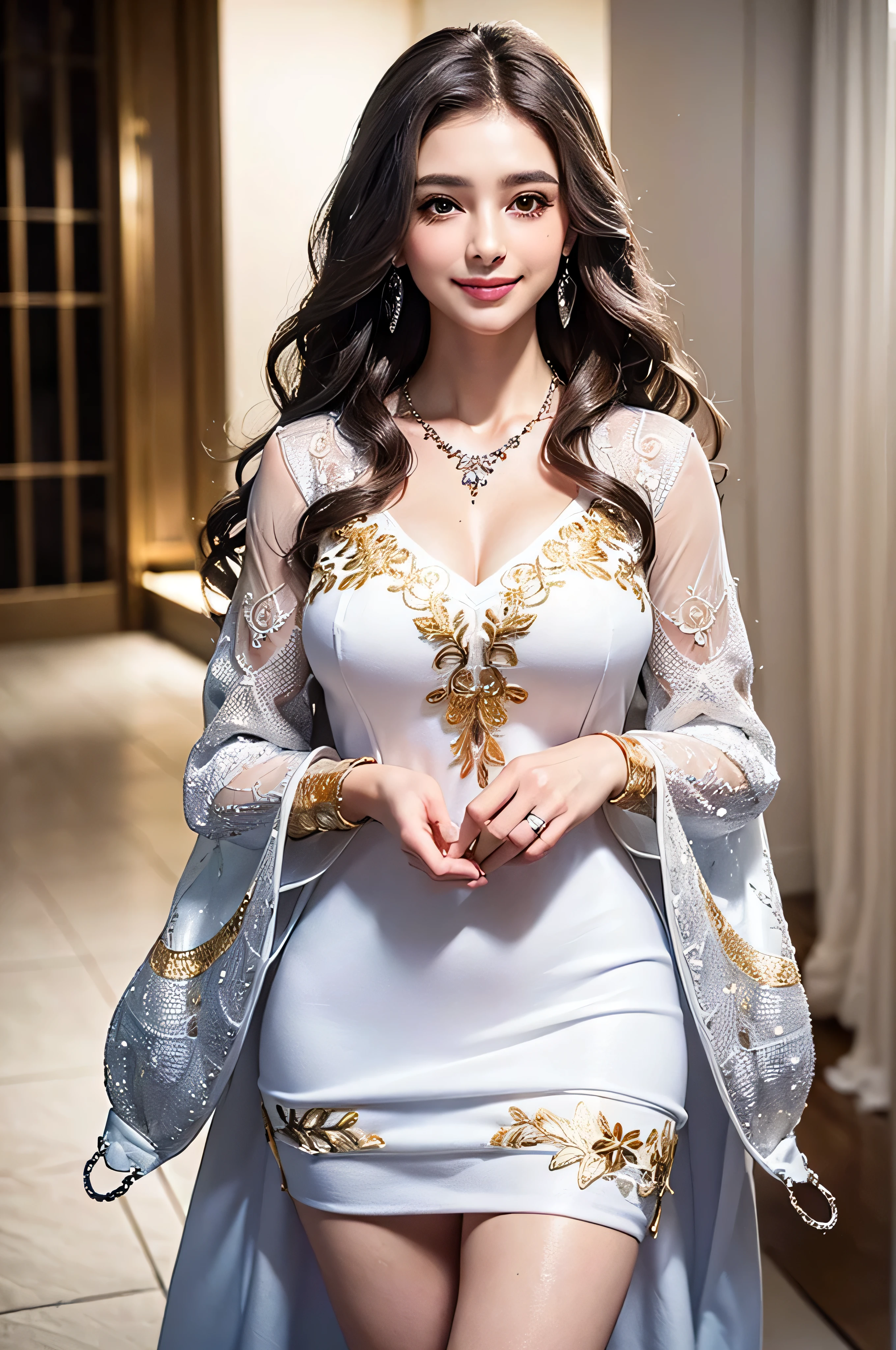 ((Highest image quality、8K、masterpiece:1.3))、selfie、sharp focus:1.2、Cute beautiful woman with perfect figure:1.4、slim big breasts、((brown hair black))、(Wedding dress、veil)、((Blue sky、White cloud、Rainbow-colored))、Highly detailed face and skin texture、detailed eyes、double eyelid rainbow、((Super long brown hair:1.2))、((gold necklace_Large earrings:1.2)),、((Hair with loose waves inside:1.2)),((shy smile:1.3)),((Flowing white mini dress decorated with intricate silver embroidery_long sleeve_Thin:1.3))