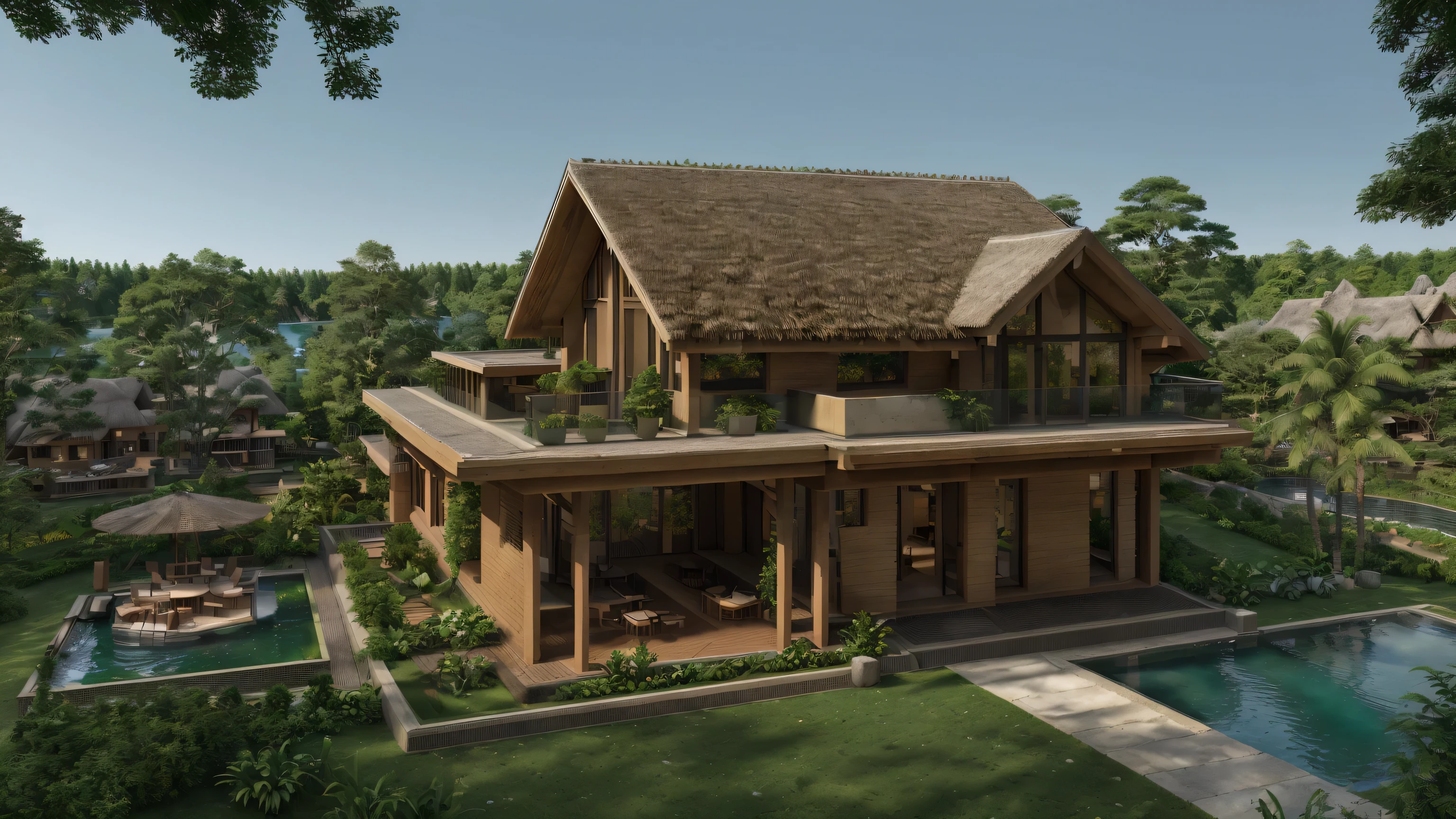 Perspective of thatched house and swimming pool, organic architecture, organic construction, sustainable architecture, majestic and beautiful, cafe in the forest, green architecture, inspirational architecture, wooden villa peaceful wood, beautiful house, utopian design, built in the forest near a lake, fantasy house, amazing architecture, rococo style, high detail, interior architecture, depth of field, lighting cinematic, UHD, masterpiece, high detail, high quality, high quality, 8k