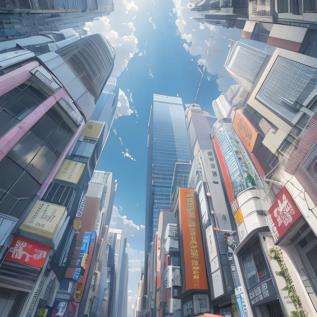 masterpiece, best quality, (((Ultra HD detailed))), Dense construction、The streets are neat,tokyo street cityscape,Sky and buildings in the background。Content can include the streets of Hong Kong、Akihabara Street, Tokyo、Hedley,and a street perspective,tokyo alleyway,(((Modern city streets))), etc,orange colors, ((low angle))