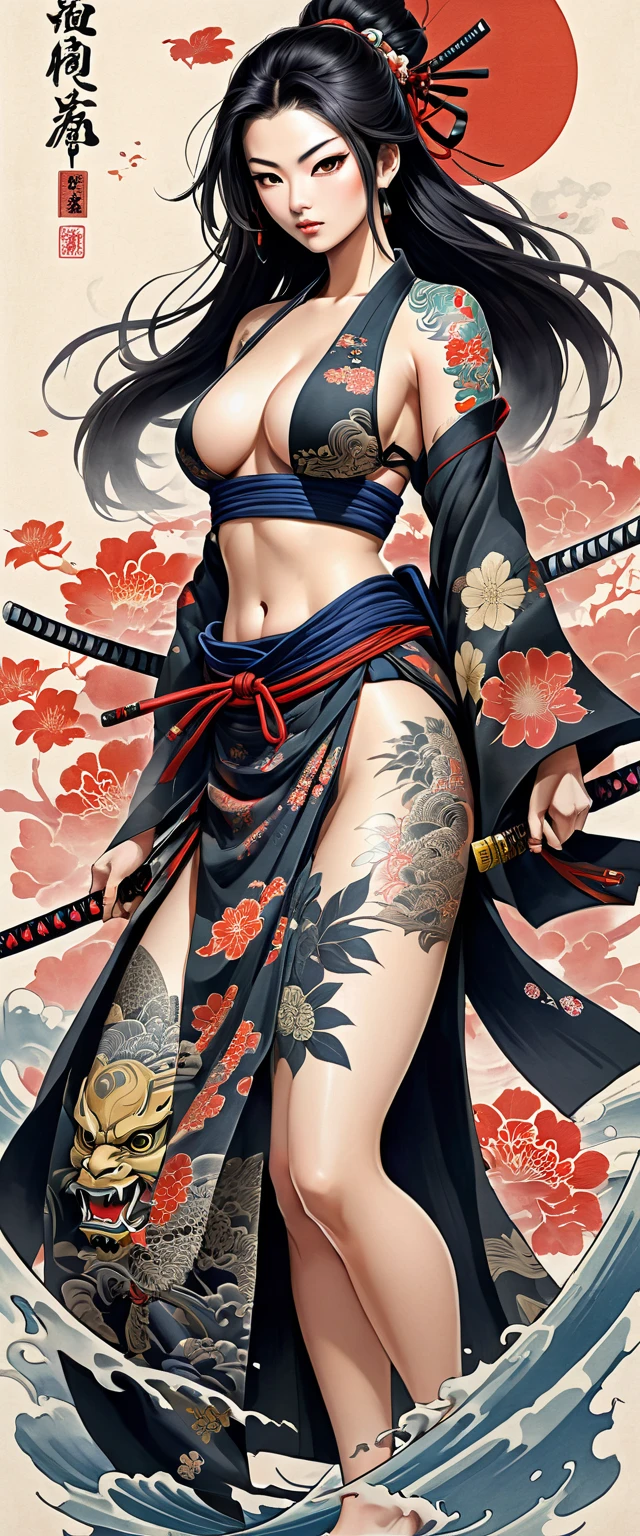 authentic illustrated Washipaper close full body infp complex evil Taira no Kiyomori add weapon(perfect anatomy), Beautiful firm round busts, perfect busts, authentic tattoo designs drawn directly all over the body, bold medium, authentic samurai Art Design, Cutting-edge samurai fashion, Innovative, The center of attention,japanese prefecture, honk kong, Special laser art design, -motto,against a complex Background, --niji 50 --chaos 30 --testpfx