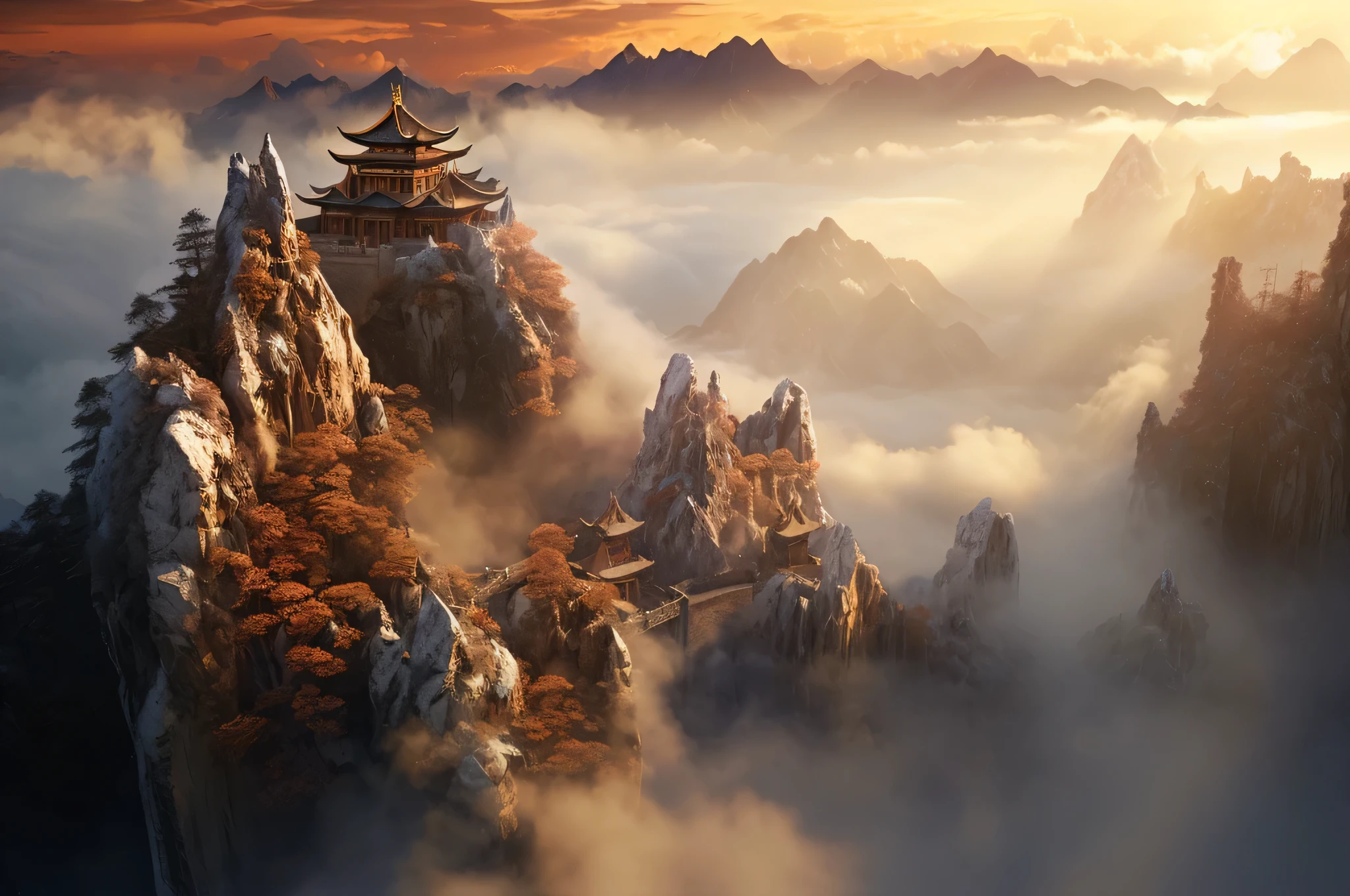 There is a pagoda halfway up the mountain,The surrounding clouds are covered, Fantasy style matte painting, Beautiful renderings of the Tang Dynasty, 4K matte painting, Chinese scenery, high fantasy matte, 3D rendering matte painting, Chinese fantasy, 8k matte painting, 8k matte painting, illustration matte painting, High quality matte spray paint, fantasy matte
