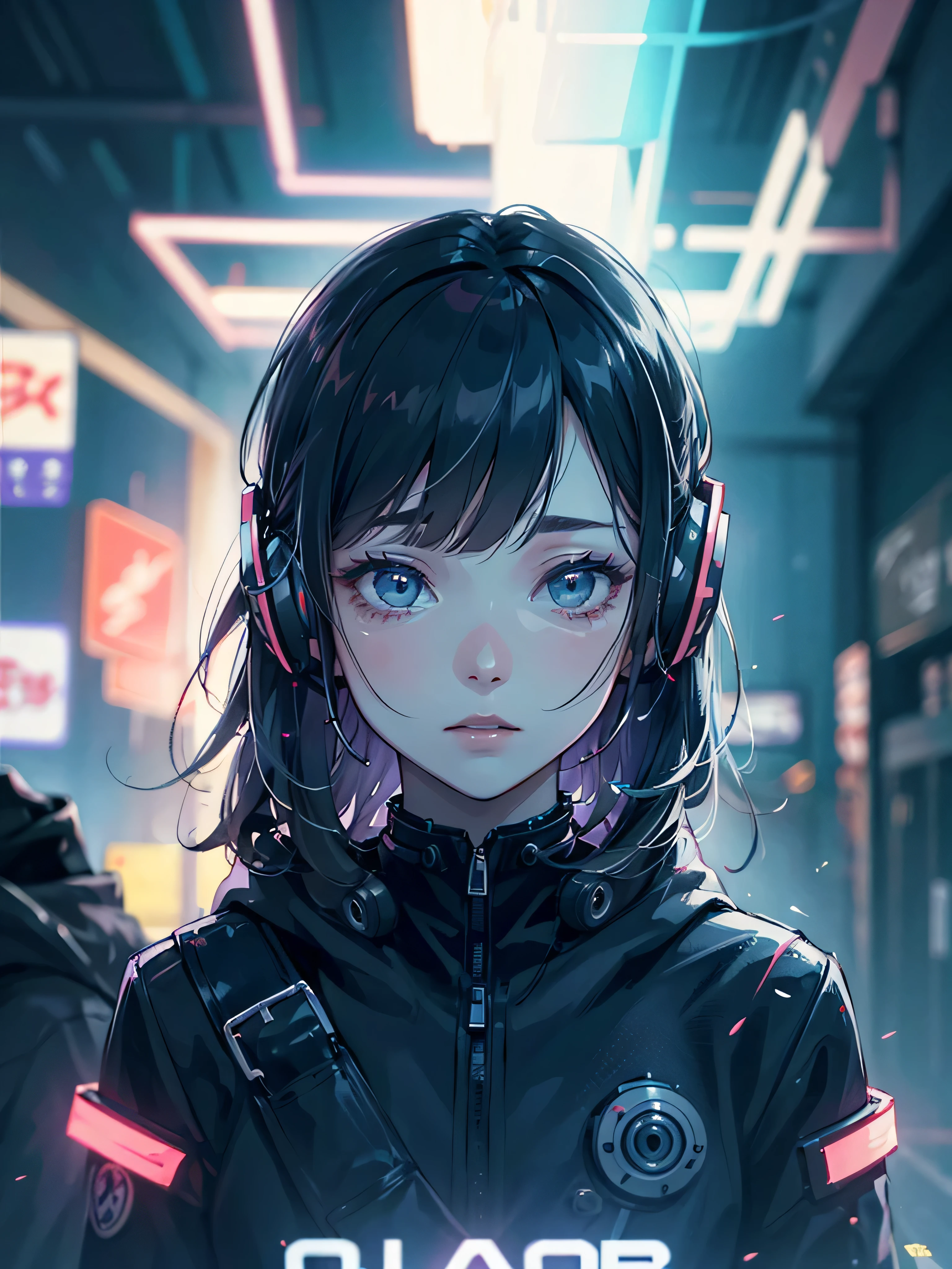 movieのようなポートレート写真、octane rendering、8k、1 girl、Calm、(pay attention to realistic details、natural skin texture、realistic facial details)、soft and dramatic lighting、Depth of written boundary、Bokeh、vivid details、finely、surreal、100mm film、hazy blur、movie、cyber punk、Neon Letter Sign、beautiful cyber punk woman、inner hair coloring、please wear headphones、Storm Suit、dynamic composition、wide angle photo