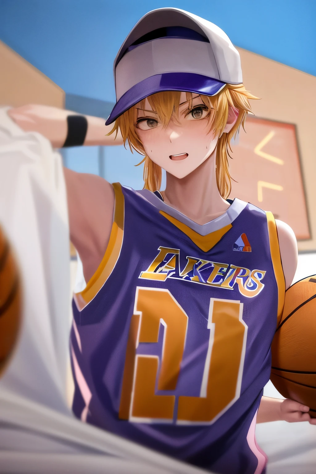 Yor Forger from SPY x FAMILY in a Lakers Jersey dunking a ball, looking real sweaty