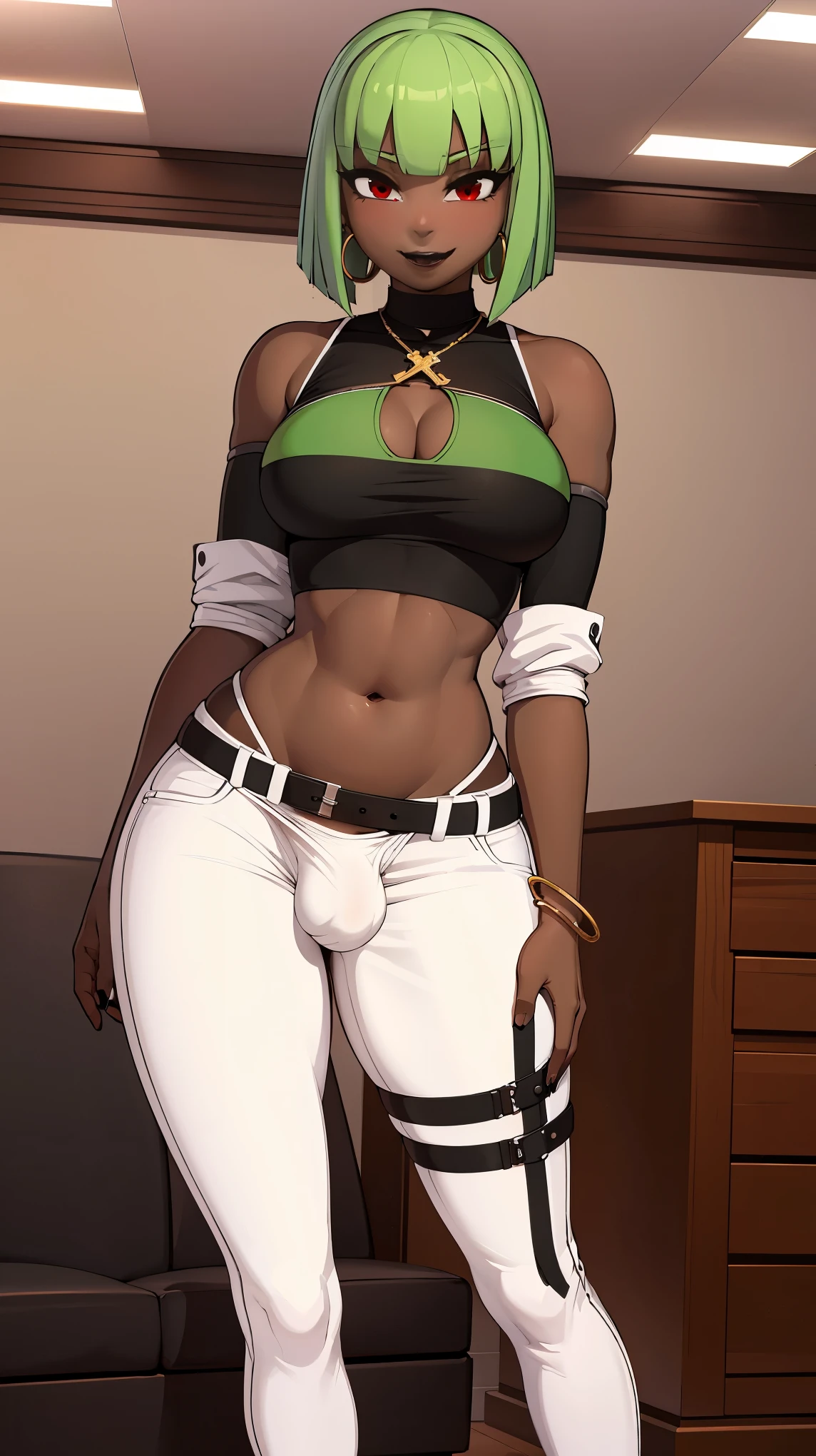 (solo:1.1),(masterpiece), (best quality:1.3), highly detailed, intricate, professional art, digital art, absurdres, emerald sustrai, futanari emerald sustrai wearing a quarter-sleeve cross-strap-crop-top and brown-chaps-over-white-pants with sandals posing indoors, 1girl, solo, dark skin, green hair, bob hair, smirk, gold hoop earrings, ab lines, detailed stomach, red eye colour, dark skin small breasts, (wide hips:1.5), (aroused:1.2), (futanari:1.1), medium penis, thick penis, veiny penis, huge testicles, (black makeup 1:1), (Black lipstick:1.3), beestung lips, (pubic hair trail:1.1), penis bulge under clothes, crotch bulge, testicle bulge between thighs, furniture, frontal view, universal lighting