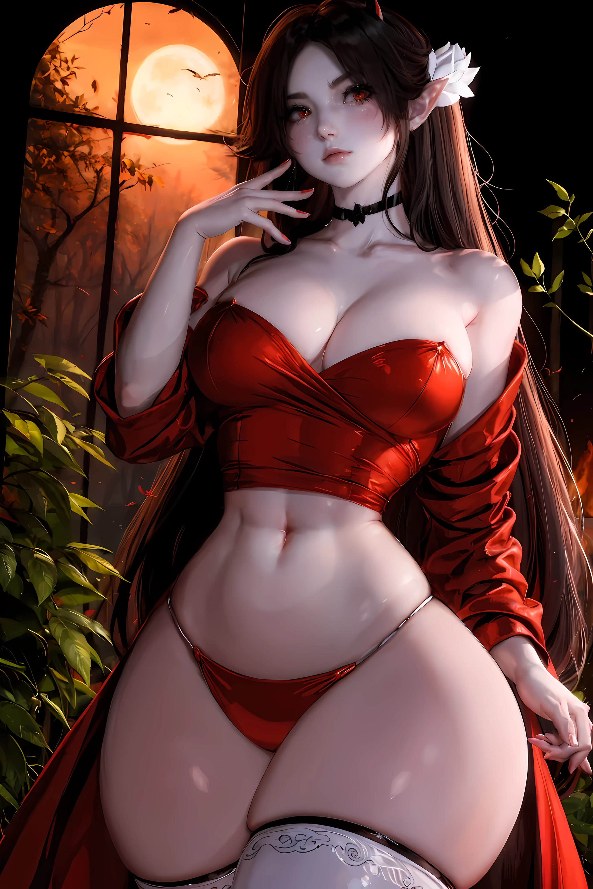 s0fth0rns,(8k,high resolution,masterpiece:1.2),actual,photo-actual:1.37,Demon girl with s0fth0rns,red corner,Beautiful and delicate eyes,Beautiful and delicate lips,Extremely detailed eyes and face,long eyelashes,Sexy long black hair,fiery red eyes,Wearing a dark flowing robe,Floating in a misty forest under the moonlight,Red eyes penetrate the darkness,The soft and ethereal light illuminates her graceful figure,Subtle shadows dance around her,Red roses surrounded by thorny vines,A sinister yet fascinating presence.,Depicted with dark and dramatic chiaroscuro lighting,Create an unforgettable and charming atmosphere,A clever fusion of traditional oil painting and digital art,evoke a sense of mystery and,Perfectly capturing the duality of beauty and darkness in the enchantress.