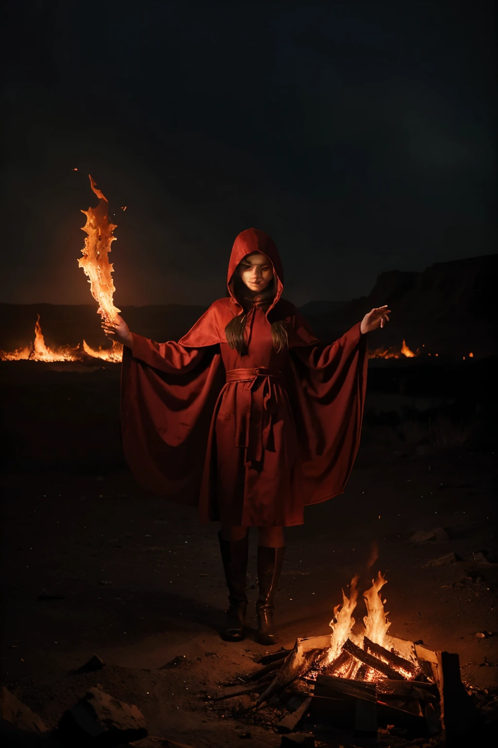 a charming girl clad in red robes with a hooded cloak stands in a dark and desolate landscape. Her hands are outstretched as if warding off an unseen force, and one palm is engulfed in flame. She expertly manipulates the fire into intricate patterns, adding a sense of magic and mystery to the scene.