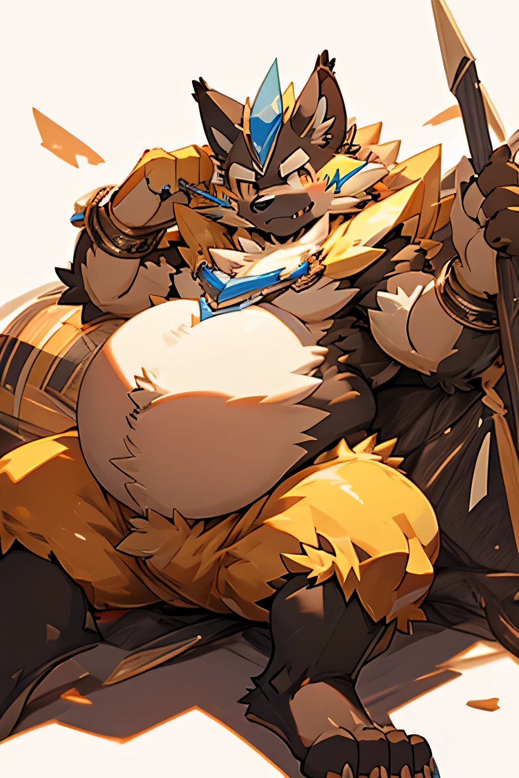 Zeraora、Giant Monsterountain of fat、The body is buried due to fat、The stomach is triangular、、Extreme obesity、very thick fat、my stomach touches the ground、Stomach like a giant balance ball、Saggy belly、very very small face、head smaller than neck、Thick and short thighs、very short legs、animal-like legs、Cheeks that store fat、thick and short arms、huge torso、thick neck、fat neck、sharp claws、legs buried in fat、thick and long tail、sharp white fangs、thick twisted corners、Lying Pose、in a small forest,