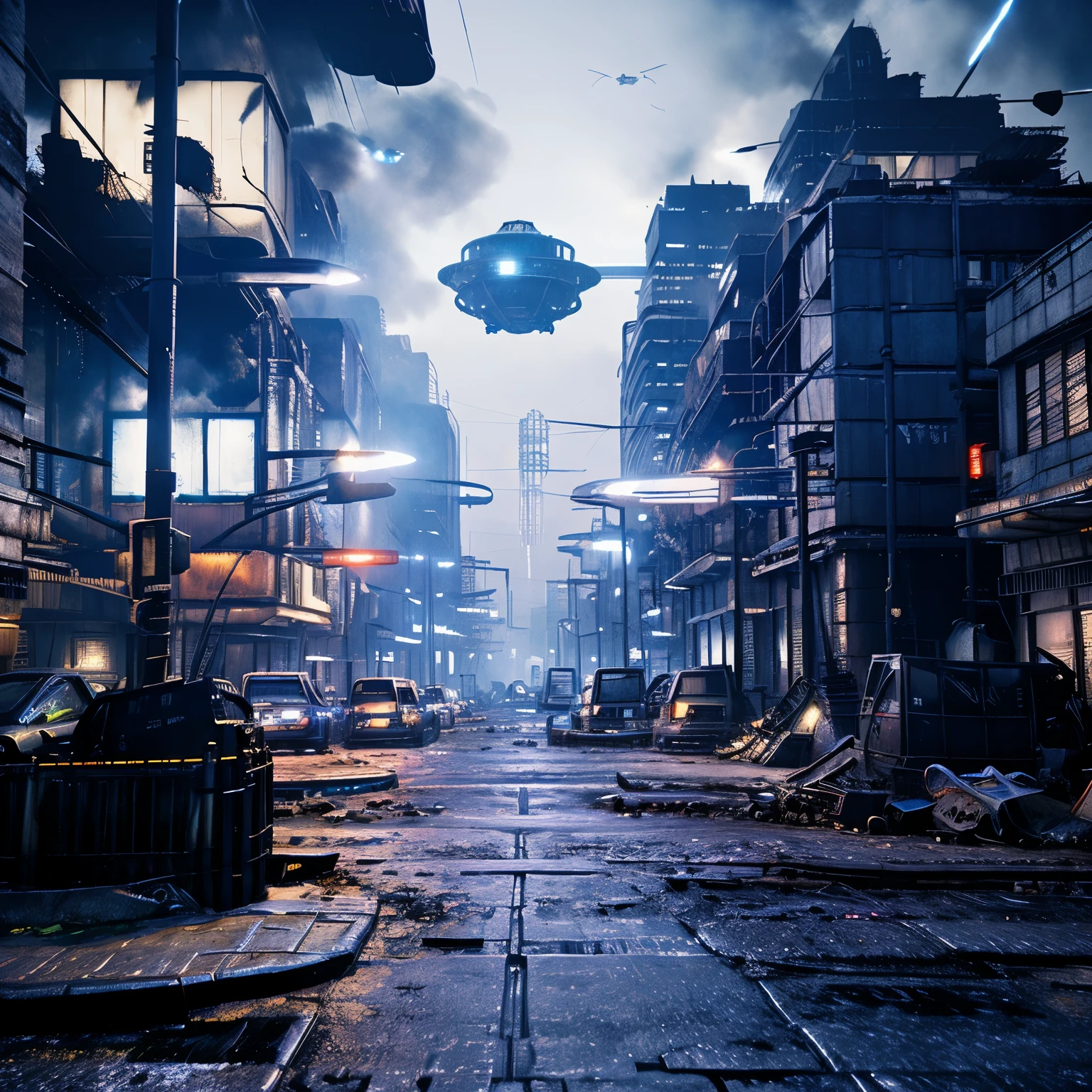 Dystopian city , ominous, night scene urban slum , poor class, dim lighting blue flying vehicles highly congested high population  color scheme blue purple cinematic, artstation, painting hyper realistically rendered flying vehicles like bike. Street cable densely cover area between buildings. 
Light scene illuminated lights, ufo invasion space ship gigantic mother ship