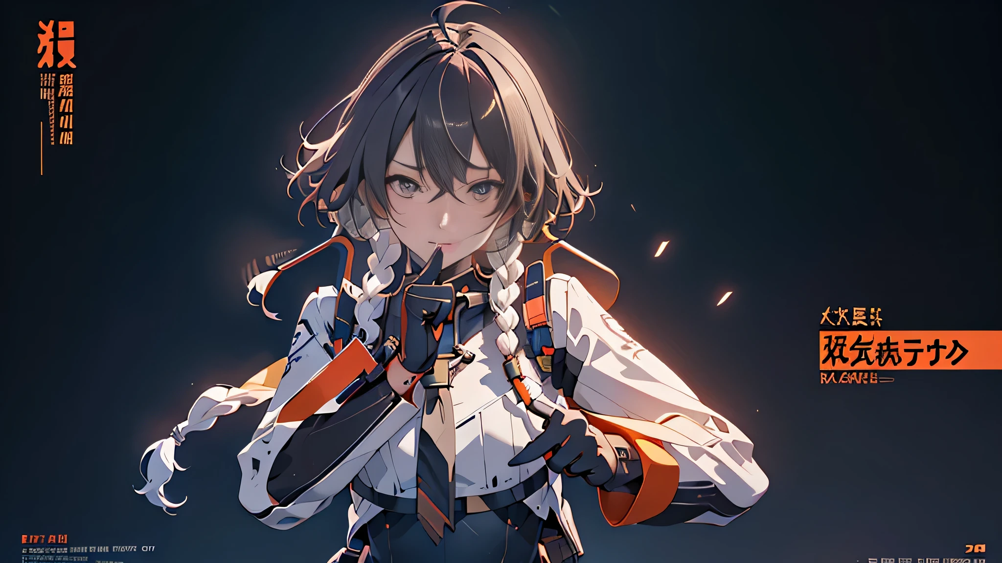 qinnuo, asymmetrical_sleeves, shorts, bodysuit, pelvic_curtain, holster, toeless_legwear, no_shoes, black_gloves, headgear, ahoge, grey_eyes, short_hair, low_twin_braids, white_streaked_hair, cowboy shot, sexy pose, one person, stand alone on top of building, view of night city as background , 1 head, 2 hands, 2 legs , High Res , UHD , 4k , 8k ,The text is bold and eye-catching,With catchy slogans,Adds to the overall drama and excitement。The color palette is dominated by dark colors, poster , magazine cover ,Make the poster dynamic and visually striking,(Magazines:1.3), (Cover-style:1.3)