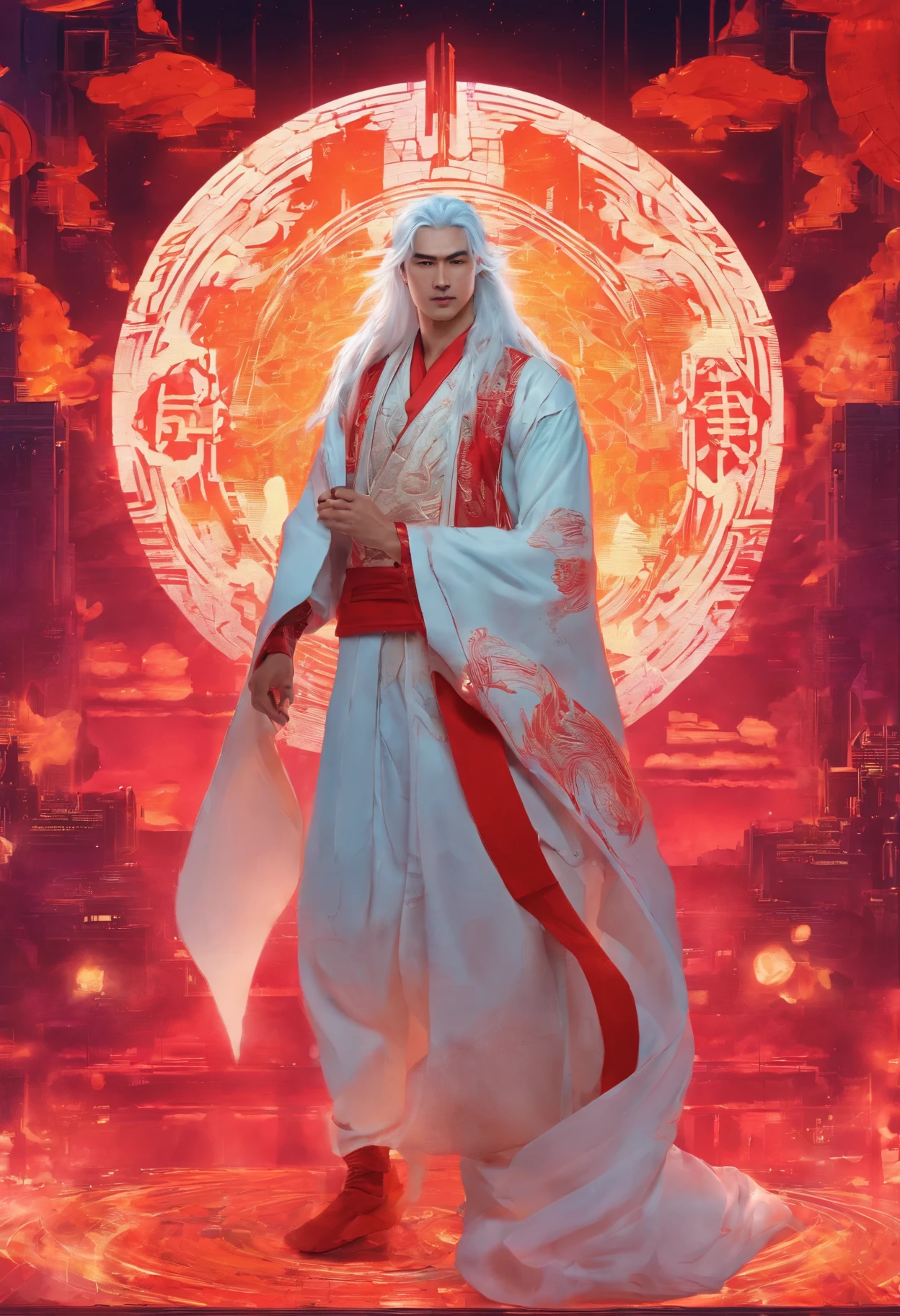 fantasy, asia, dynamic pose, gorgeous man, beautiful lord, man about 30 years old, with long white hair, in white Hanfu with scarlet patterns, mysterious look, flame on the background, hd