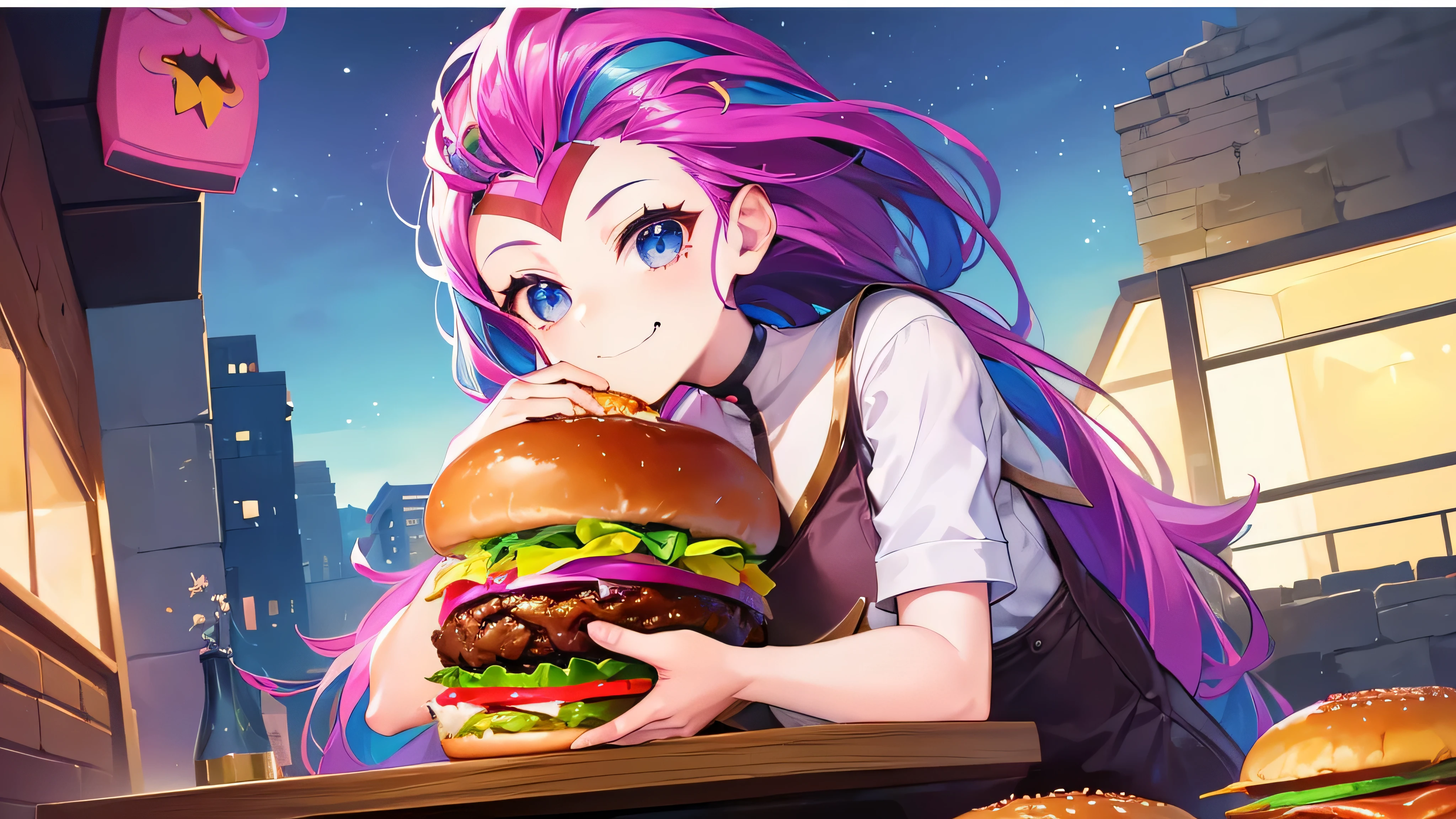 Zoe sits at a large table and eats a huge burger at night, She looks at the food in her hands, She smiles without opening her mouth