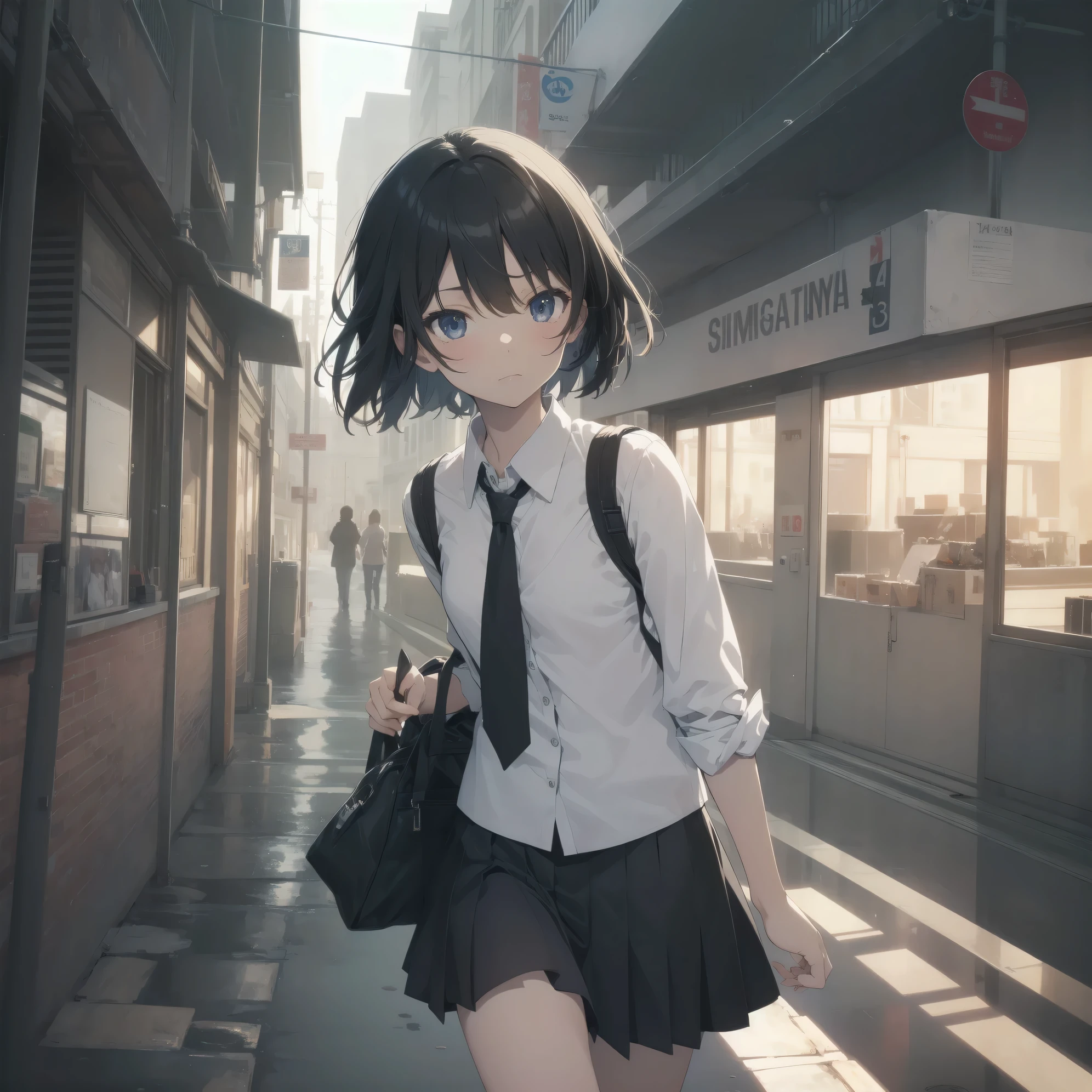 Super absurd quality by the god of art, super detailed, High resolution, anime moe art style, Best Anime 8K Kona-chan Wallpaper, pixiv contest winner, perfect anatomy, break, (眠そうにalone学校へ行く女の子を描いてください. )break,1 girl, (alone,little woman, cute face, :1.3),All limbs, full finger,, The charm of an immature body, (very_short hair), shortcut, Bang, flat chest, small ass, between legs, small black eyes, detailed and beautiful eyes, Well-proportioned iris and pupils, expressive eyes, High resolutionの詳細な髪, neck ribbon, shirt, collared shirt, skirt, pleated skirt, school uniform, (detailed lighting), (detailed background), On the way to school. break,super dense skin, Best cinematic lighting powered by famous artist, 8k,Beauty Illustration,photoshop_(Moderate),Absurd Hi-Res,Hmm,rough skin,break,((artist:Fujiyama)), artist:Fujichoko,artist:Yamamoto_Soichiro,artist:hanekoto