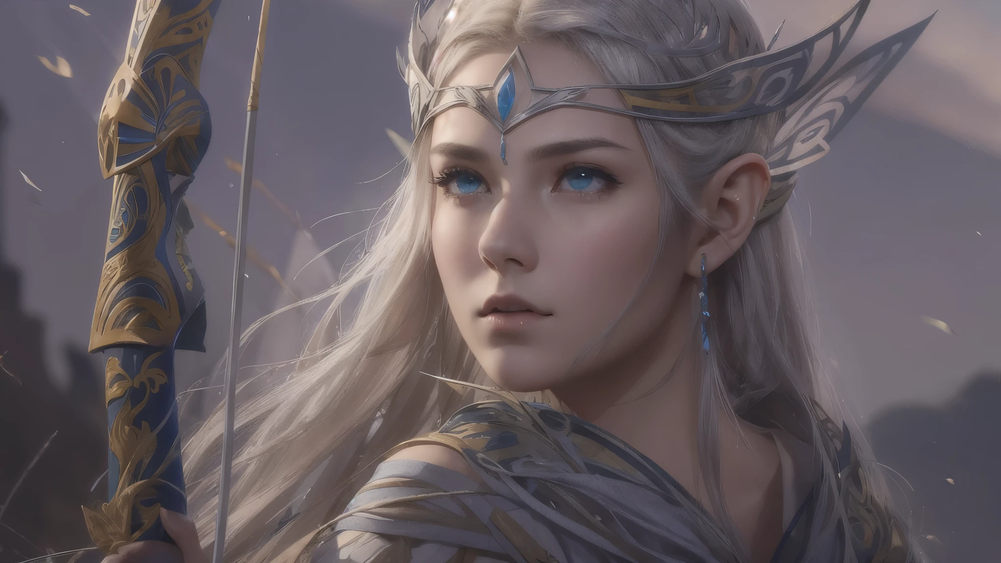 (masterpiece), 8k, best quality, full body panoramic view, Elf, young, 17 years old, with slightly flushed white skin, subtly contrasting with her long, silvery hair that cascaded over her shoulders that seemed to shine under the Sun light. Her body was slender and athletic, with a height of 168 centimeters tall that gave her a natural elegance. Her green eyes added a captivating touch to her face and shone with an intensity, reflecting the depth of her soul. Pointy ears, detailed warrior outfit, holding a war bow with rune writing, questioning, eyebrow arched, she looked at Lygn suspiciously,
