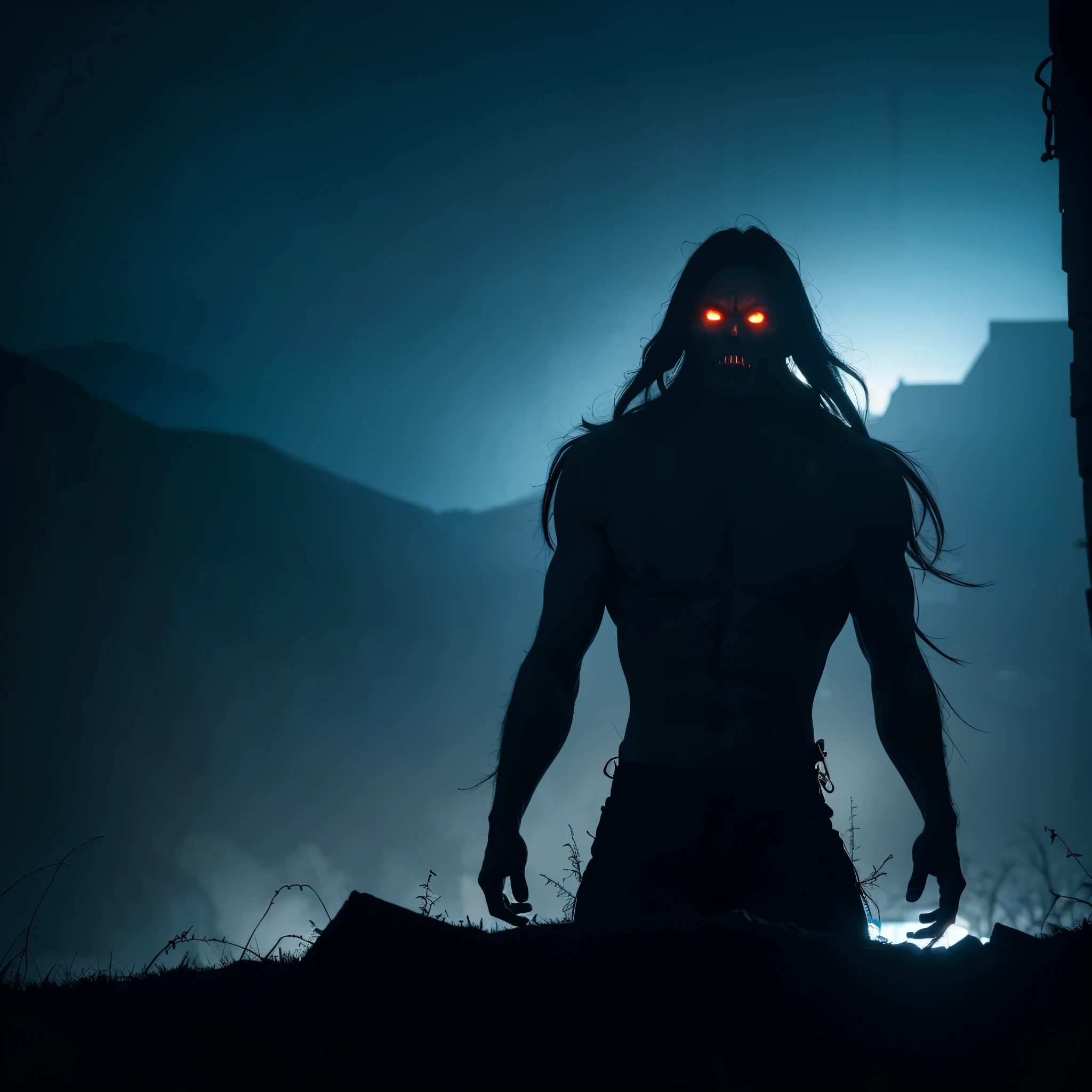 A giant creature, (best quality,4k,8k,highres,masterpiece:1.2),ultra-detailed,portraits,physically-based rendering,vivid colors,sharp focus,studio lighting,bokeh,horror,night scene,dark atmosphere,massive size,sharp teeth,intense eyes,gigantic claws,fearsome appearance,ominous presence,shadowy figure,monstrous silhouette,menacing posture,gloomy lighting,creepy aura,foreboding environment,unsettling vibe,dread-inducing,terrifying atmosphere,thrilling suspense,hauntingly beautiful,unsettling details,intense shading,rippling muscles,ominous shadows,dark and twisted,creature lurking in the shadows,foreboding presence,nightmare-inducing,dystopian landscapes,dire and forbidding,spine-chilling scenery,monstrous roar.