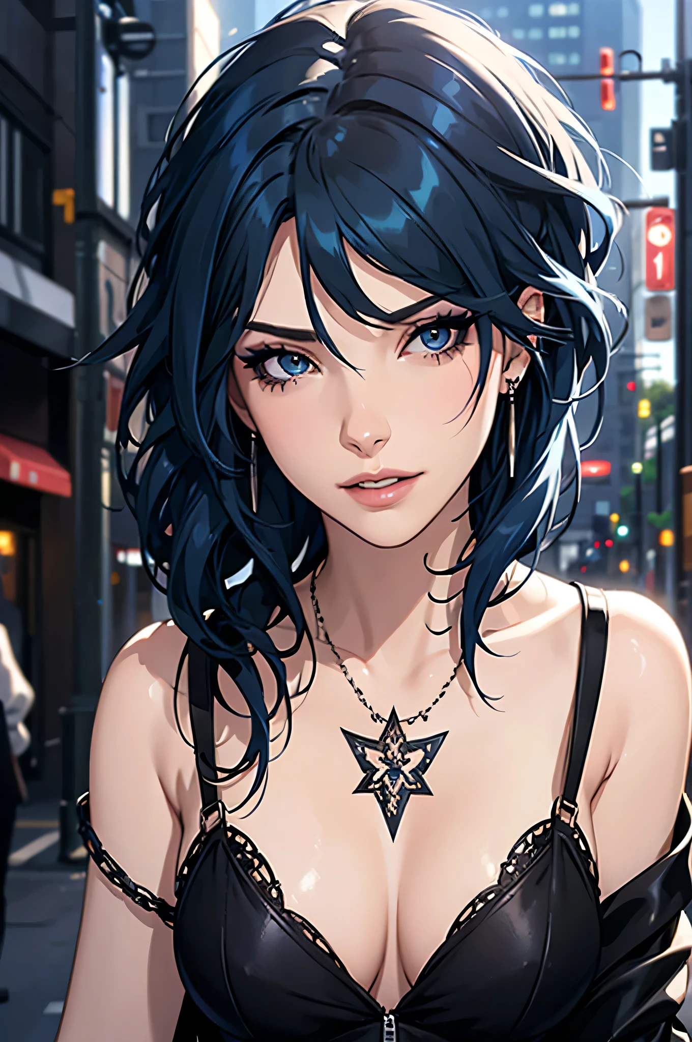 beautiful girl, half body portrait, short blue disheveled hair, black eyeshadow, (street style wear:1.2), (city background:1.2), dark makeup, digital art, trending on artstation, highly detailed, fine detail, intricate,  beautiful detailed glow, detailed, Cinematic light, highres, detailed facial features,sharp focus, smooth, aesthetic, cleavage, chloe price, tattoos, piercings