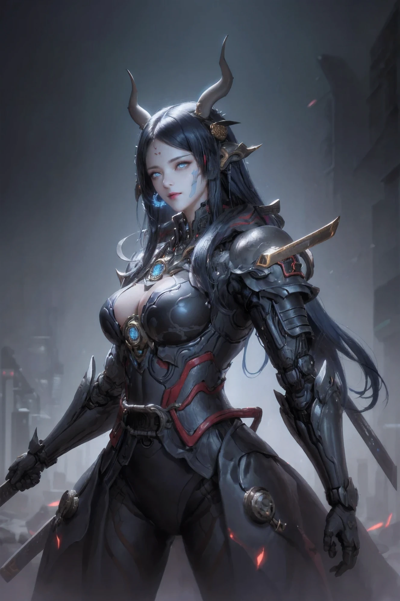 Super realistic, hyper realistic, super detailed, (cybersamurai, long hair, blue eyes, black hair, cleavage, upper body, horns, armor, blurry, clothing cutout, mask, blurry background, science fiction, mouth mask, cyborg, cyberpunk, katana on back, katana handle sticking out behind back:1.3) (glowing simple black background:1.25), masterpiece, best quality, wide-angle Hyperdetailed, masterpiece, best quality, 8k, natural lighting, soft lighting, sunlight, HDR (High Dynamic Range), Maximum Clarity And Sharpness, Multi-Layered Textures
