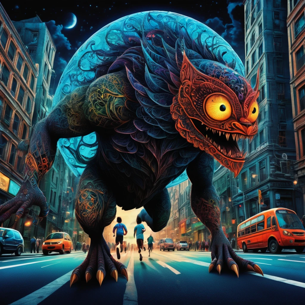 (best quality, highres, ultra sharp), magical ,giant creature of the dark, extreme bigger than buildings, breaking buildings and cars, in the street next a city, zentangle, full colored, 3d crunch, realistic feeling, terrorific scene, people running, panic, cars, buses, dark tones,