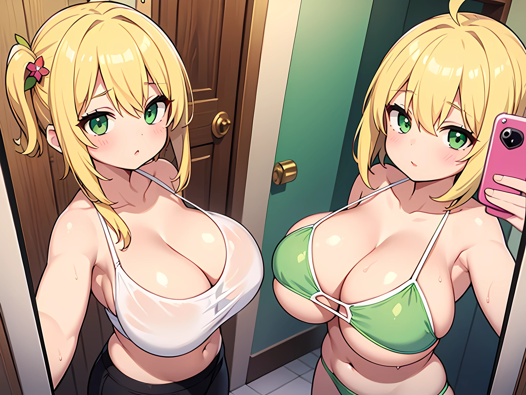 masterpiece, best quality, high resolution,1girl, beautiful, green eyes, blonde hair 1girl, green eyes, ahoge, hair ornament, wet clothes,bikini under clothes, bathroom,(selfie:1.3),(big breasts:1.5),cleavage,wet body