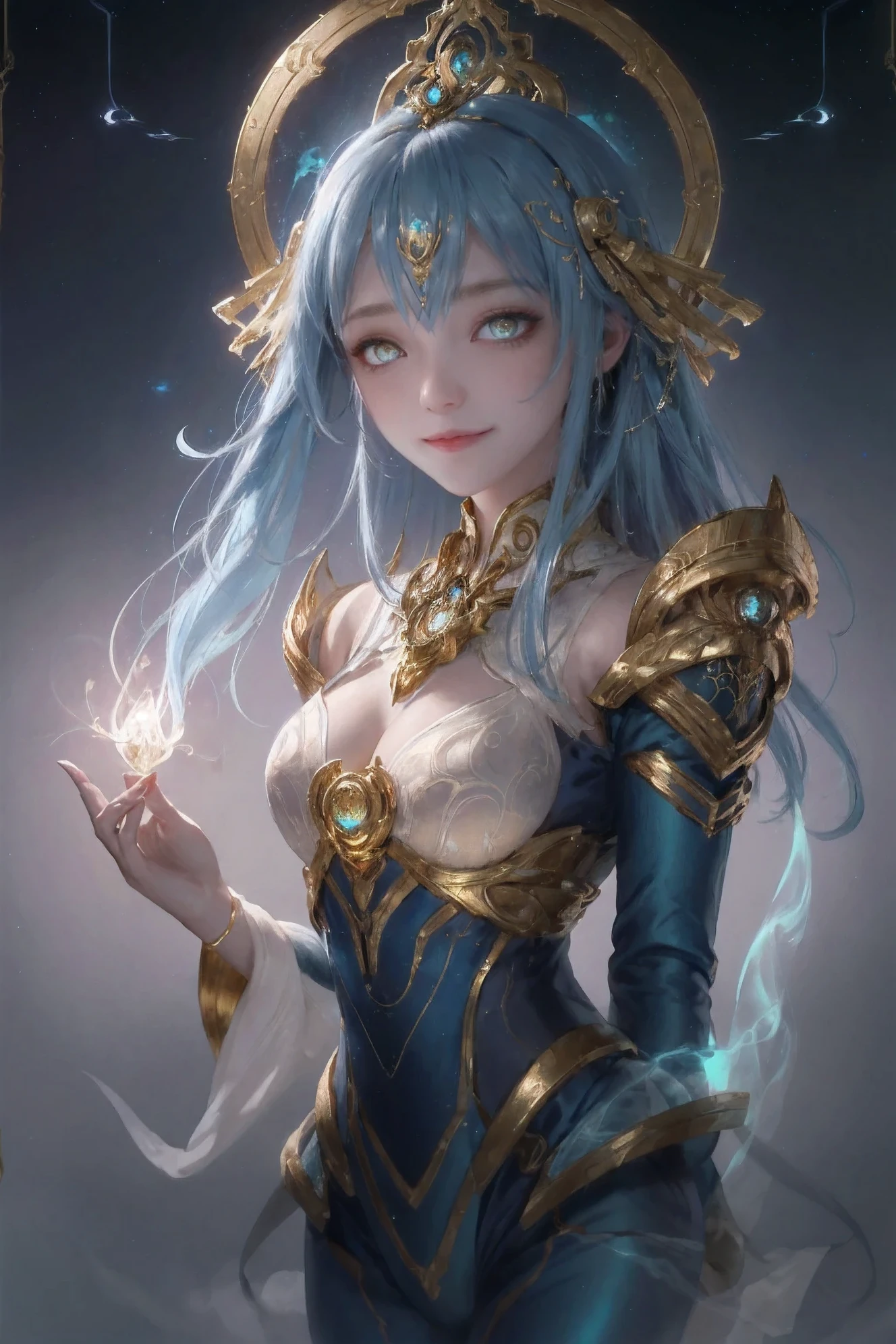 (1 girl solo, long flowy blue hair, yellow eyes, blue and white clothes, white leggings, blue hood, golden details and accessories, bare shoulders) ((portrait closeup shot, floating in space)) (masterpiece), (best quality:1.4), absurdres, [:intricate details:0.2], 1girl, Flowing robes, intricate magical circles, glowing map of the stars and constellations and galaxies, shimmering aura, intense focus, arcane incantations, crackling energy, levitating artifacts, flickering candles, swirling mist, sparkling stars, mystical crystals, glowing sigils, otherworldly chanting, mysterious symbols, powerful invocation, transcendent awareness, cinematic light, cinematic shot, dramatic shot, movie poster aestethic