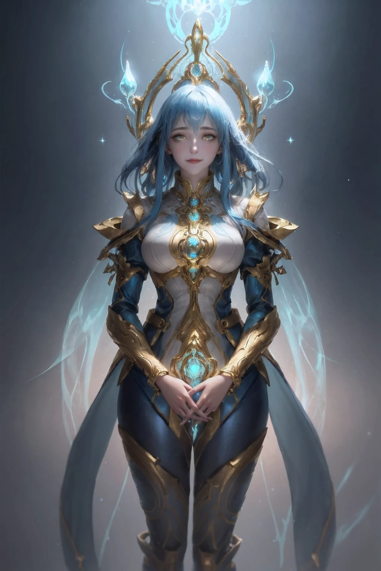 (1 girl solo, long flowy blue hair, yellow eyes, blue and white clothes, white leggings, blue hood, golden details and accessories, bare shoulders) ((portrait closeup shot, floating in space)) (masterpiece), (best quality:1.4), absurdres, [:intricate details:0.2], 1girl, Flowing robes, intricate magical circles, glowing map of the stars and constellations and galaxies, shimmering aura, intense focus, arcane incantations, crackling energy, levitating artifacts, flickering candles, swirling mist, sparkling stars, mystical crystals, glowing sigils, otherworldly chanting, mysterious symbols, powerful invocation, transcendent awareness, cinematic light, cinematic shot, dramatic shot, movie poster aestethic