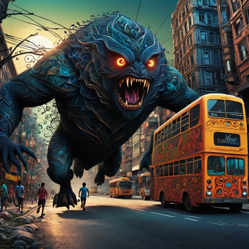 (best quality, highres, ultra sharp), magical ,giant creature of the dark, extreme bigger than buildings, breaking buildings and cars, in the street next a city, zentangle, full colored, 3d crunch, realistic feeling, terrorific scene, people running, panic, cars, buses, dark tones,