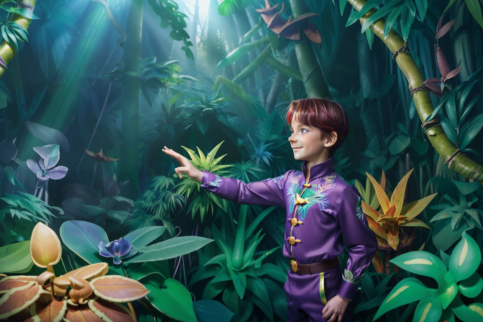 Fairytale Kingdom of Fantasia, Perilin the Night Forest. ((((10-year-old)) Bastian Balthazar Bux)), german boy, shy, lively eyes, ((amazed and excited expression)). ((((german classic prince clothings)))), ((dark-chestnut hairstyle)). in a (((((colorful jungle with bright plants in every color))))).