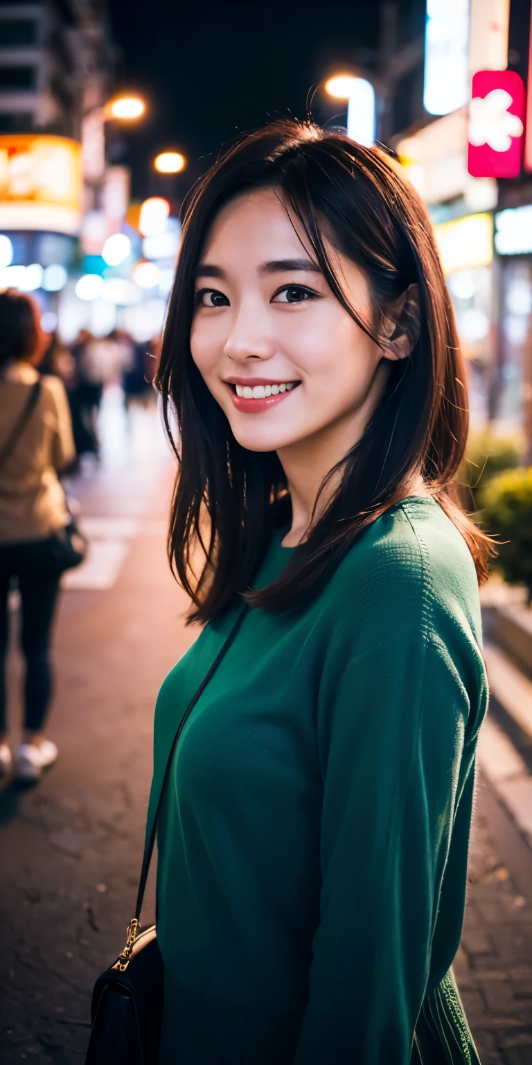 1 girl, tokyo street,night, cityscape,city lights,Upper body,close,smile,, (8k, RAW photo, highest quality, masterpiece:1.2),(realistic, photo-realistic:1.37),