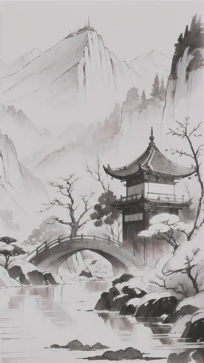 (best quality,highres,masterpiece:1.2),ultra-detailed,realistic painting,traditional Chinese painting,Chinese ink painting,Chinese brush painting,blotting of ink painting,effortless brushstrokes,gentle and elegant,ancient art form,harmony of ink and water,impressionistic beauty,expressive and free,subtle and profound,colorful use of ink and color,historical and cultural significance,ethereal landscape,serene and tranquil garden,traditional Chinese architectural elements,lotus flowers in full bloom,Graceful figures in flowing robes,picturesque mountains and rivers,majestic trees and blossoming flowers,peaceful atmosphere and deep spirituality,subtle hints of nature's changes,divine aura and sacred presence,symbolism of blessings and good fortune,transformation and rebirth.