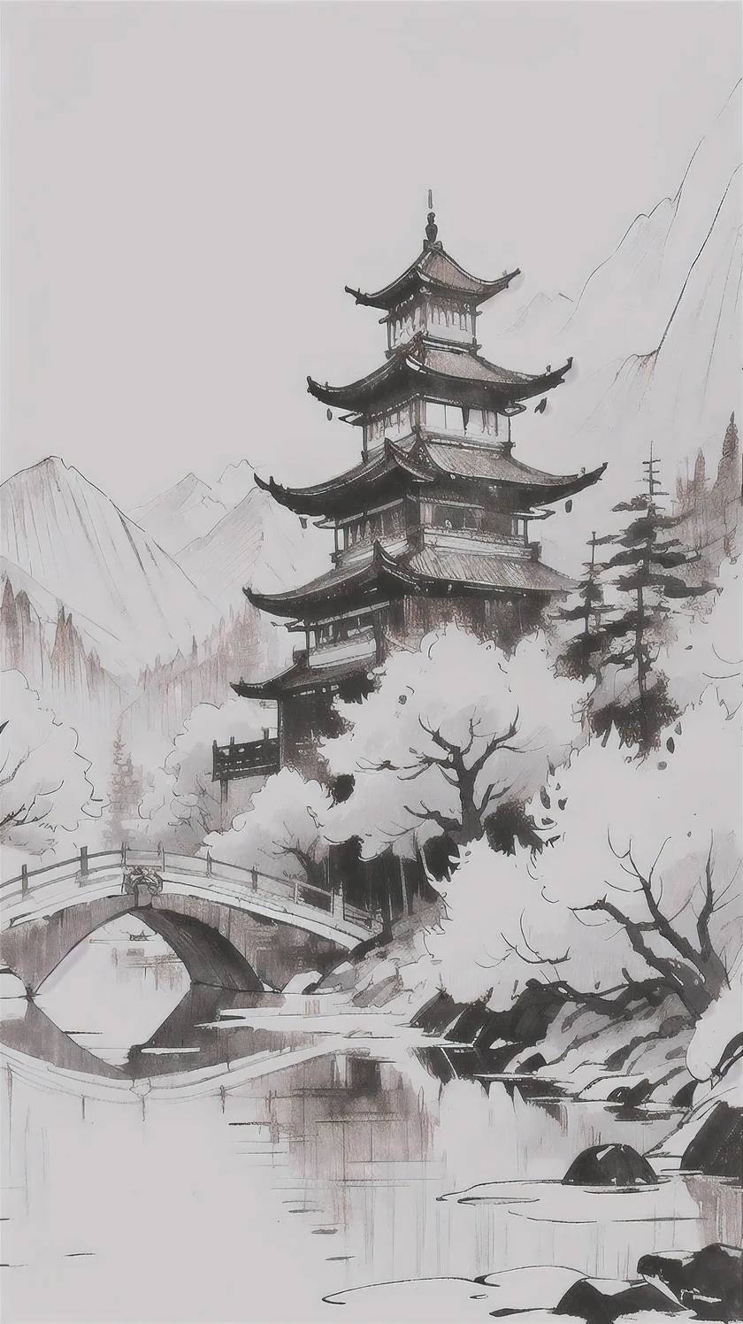 (best quality,highres,masterpiece:1.2),ultra-detailed,realistic painting,traditional Chinese painting,Chinese ink painting,Chinese brush painting,blotting of ink painting,effortless brushstrokes,gentle and elegant,ancient art form,harmony of ink and water,impressionistic beauty,expressive and free,subtle and profound,colorful use of ink and color,historical and cultural significance,ethereal landscape,serene and tranquil garden,traditional Chinese architectural elements,lotus flowers in full bloom,Graceful figures in flowing robes,picturesque mountains and rivers,majestic trees and blossoming flowers,peaceful atmosphere and deep spirituality,subtle hints of nature's changes,divine aura and sacred presence,symbolism of blessings and good fortune,transformation and rebirth.