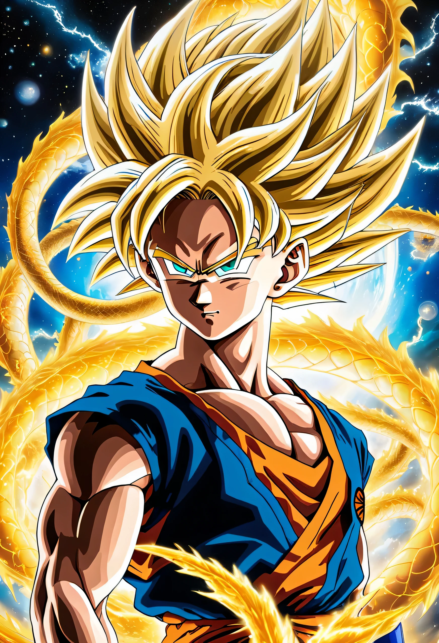 best quality, 4k, highres, masterpiece:1.2, ultra-detailed, realistic:1.37, oil painting, vivid colors, sharp focus, tonal contrast, studio lighting, physcially-based rendering, extreme detail description, entangle, strong power, floating 7-DRAGON-BALL, Super Saiyan, Akira Toriyama anime inspired, gold hair, double exposure, hope, grant my wish, fractal art, Japanese-anime-dragon-ball illustration, dragon energy