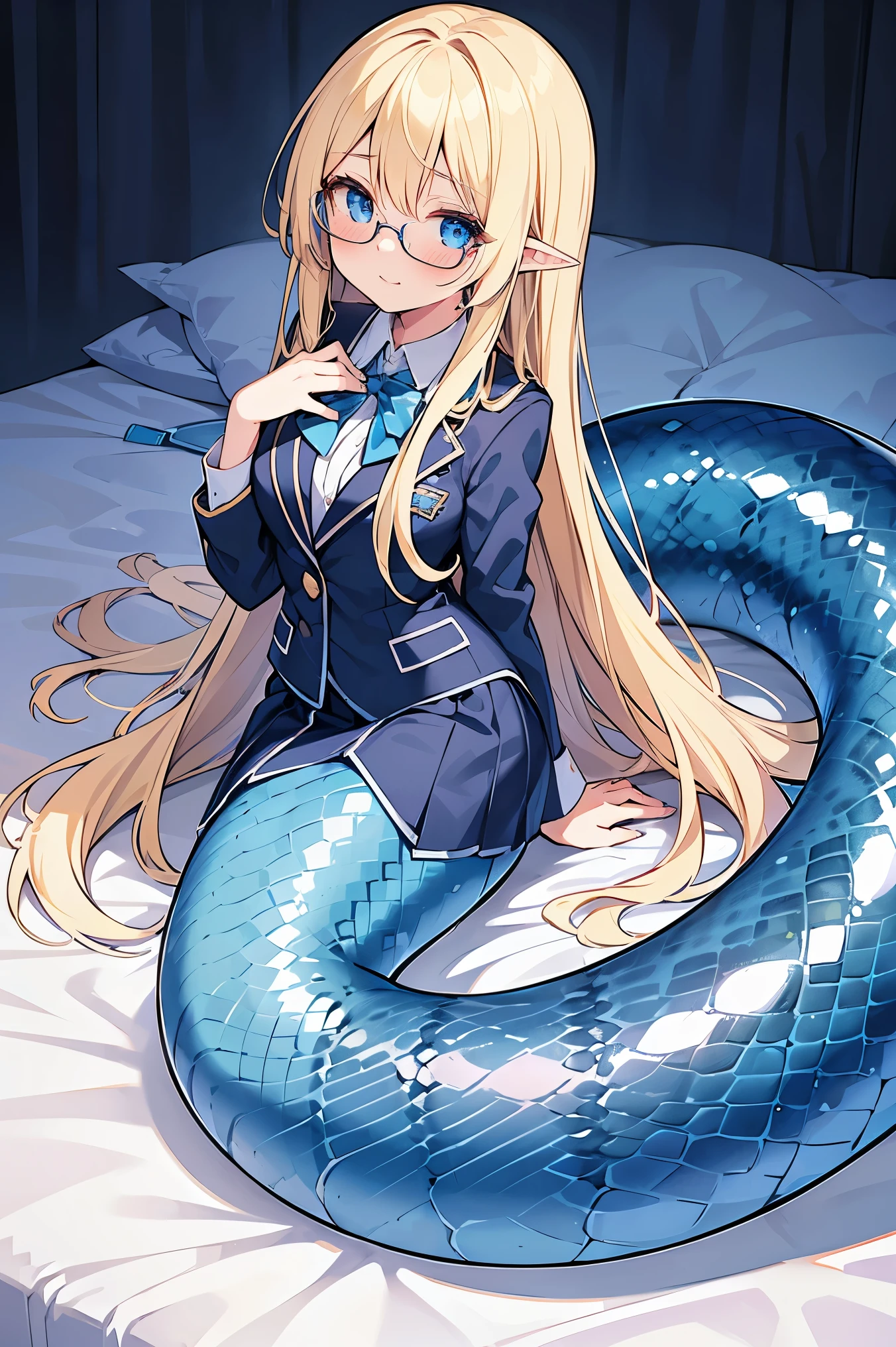 masterpiece, best quality,a girl,Lamia,blue snake tail,Long blonde hair,blue eyes,school uniform,Glasses,full-body shot,charming脸, Oval face(kawaii, charming,soft)