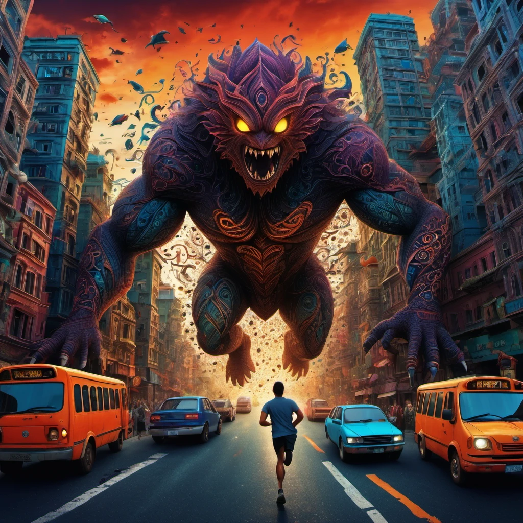 (best quality, highres, ultra sharp), magical ,giant creature of the dark, extreme bigger than buildings, breaking buildings and cars, in the street next a city, zentangle, full colored, 3d crunch, realistic feeling, terrorific scene, people running, panic, cars, buses, dark tones,