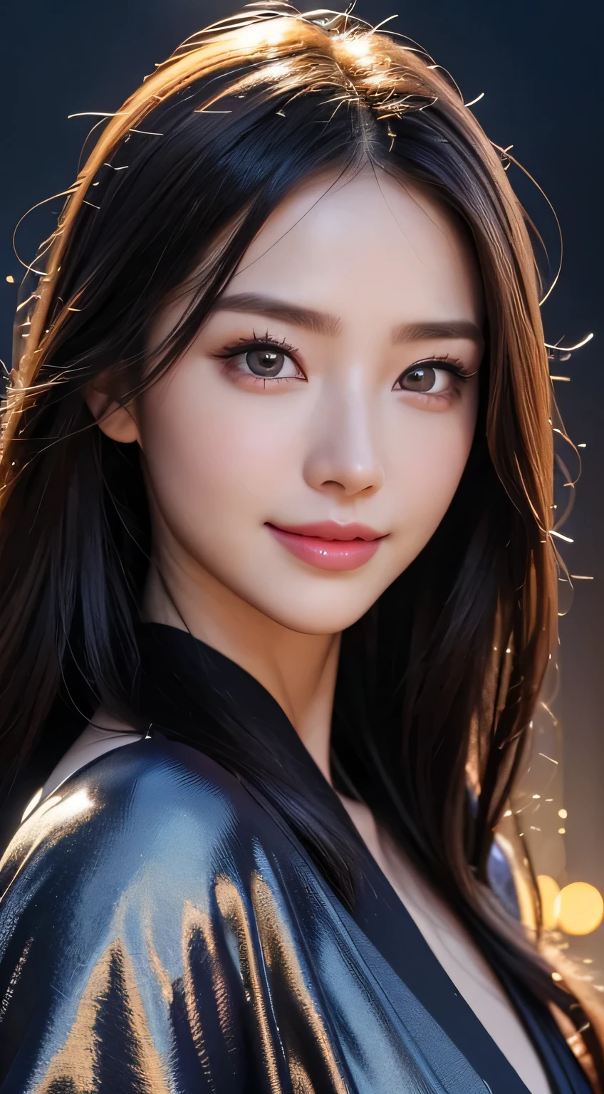 (Super beautiful woman)、((highest quality、8K masterpiece:1.3))、sharp focus:1.2、(super beautiful face:1.0)、(shiny skin:1.0)、realistic pictures、black hair、video lighting、High resolution eyes and face、video lighting、japanese actress、from the front、with a happy smile、whole body、