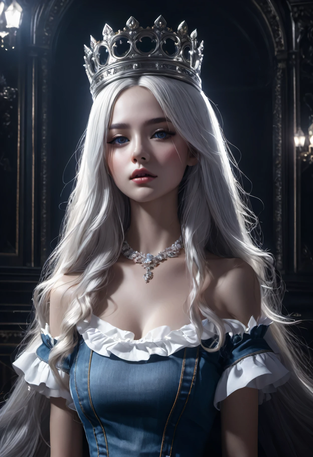(in the darkness: 1.6),Surrealist female portrait, fantasy art, photorealism, Dynamic lighting, art station, poster, Volumetric lighting, Very detailed faces, 4k, won,, 1 girl, in the darkness, deep shadow, low profile, denim lenses, (maid outfit: 1.4), long hair, white hair, broken into pieces, luxurious palace, royal style, put the crown on your head,