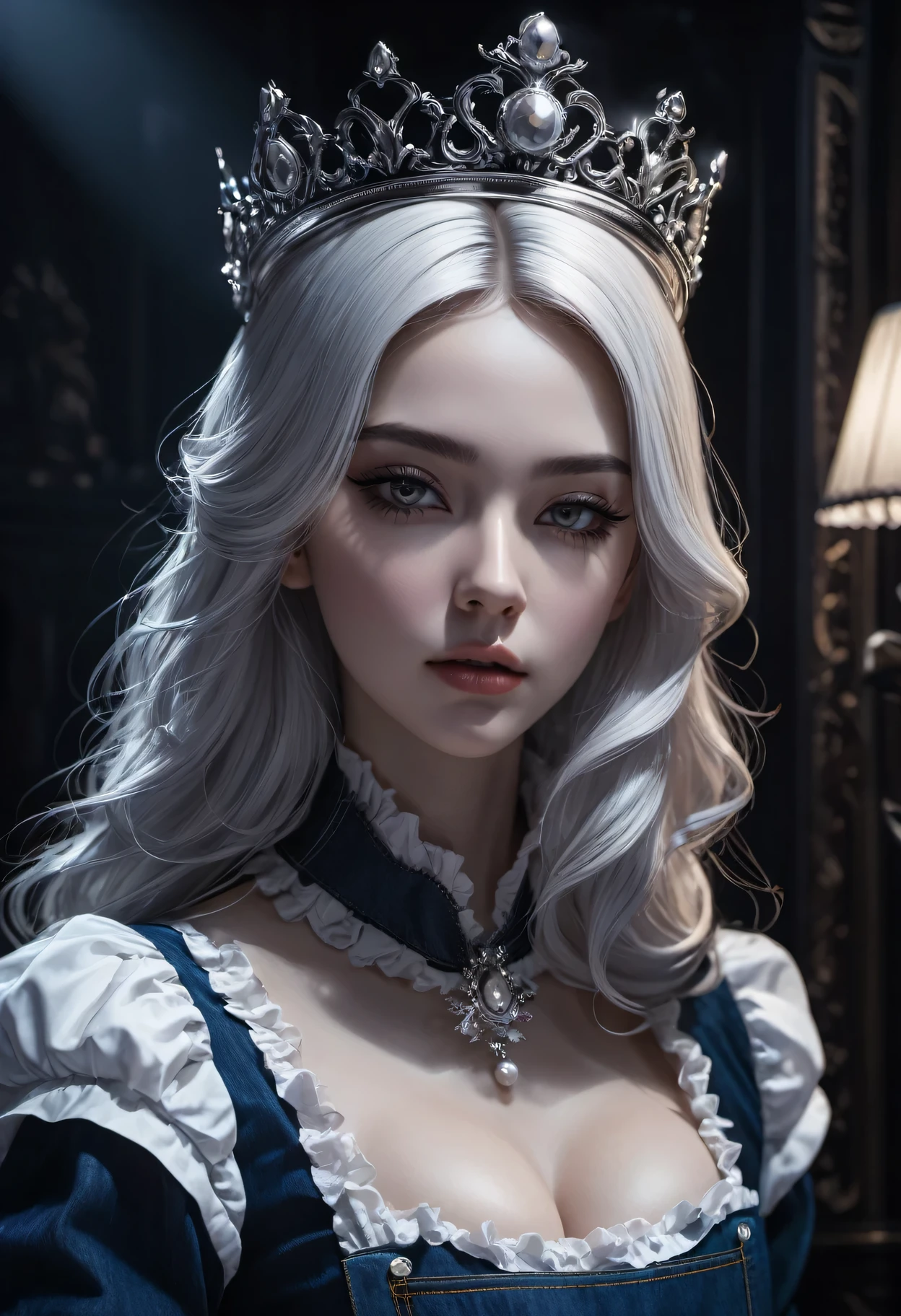 (in the darkness: 1.6),Surrealist female portrait, fantasy art, photorealism, Dynamic lighting, art station, poster, Volumetric lighting, Very detailed faces, 4k, won,, 1 girl, in the darkness, deep shadow, low profile, denim lenses, (maid outfit: 1.4), long hair, white hair, broken into pieces, luxurious palace, royal style, put the crown on your head,
