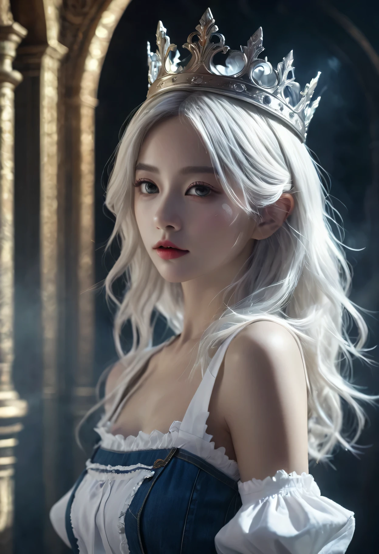 (in the darkness: 1.6),Surrealist female portrait, fantasy art, photorealism, Dynamic lighting, art station, poster, Volumetric lighting, Very detailed faces, 4k, won,, 1 girl, in the darkness, deep shadow, low profile, denim lenses, (maid outfit: 1.4), long hair, white hair, broken into pieces, luxurious palace, royal style, put the crown on your head,