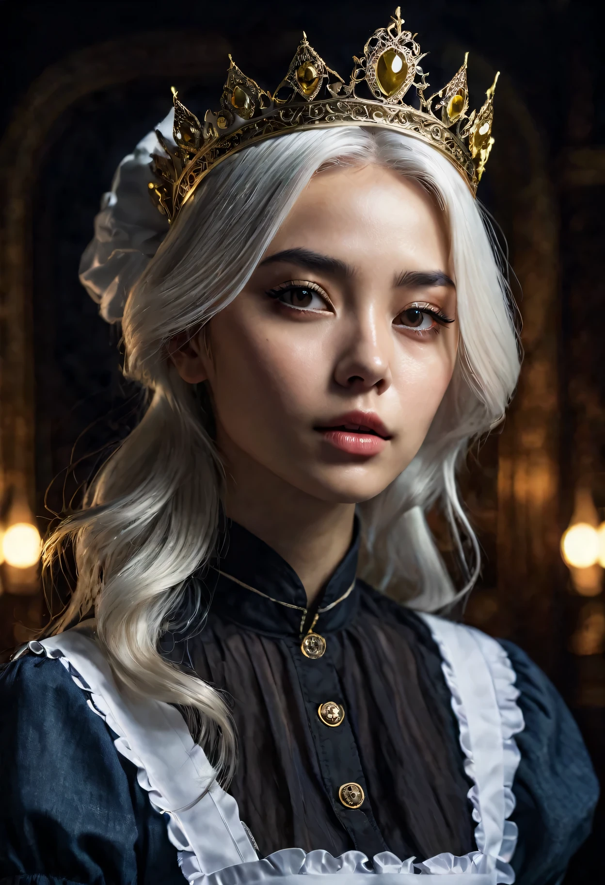 (in the darkness: 1.6),Surrealist female portrait, fantasy art, photorealism, Dynamic lighting, art station, poster, Volumetric lighting, Very detailed faces, 4k, won,, 1 girl, in the darkness, deep shadow, low profile, denim lenses, (maid outfit: 1.4), long hair, white hair, broken into pieces, luxurious palace, royal style, put the crown on your head,
