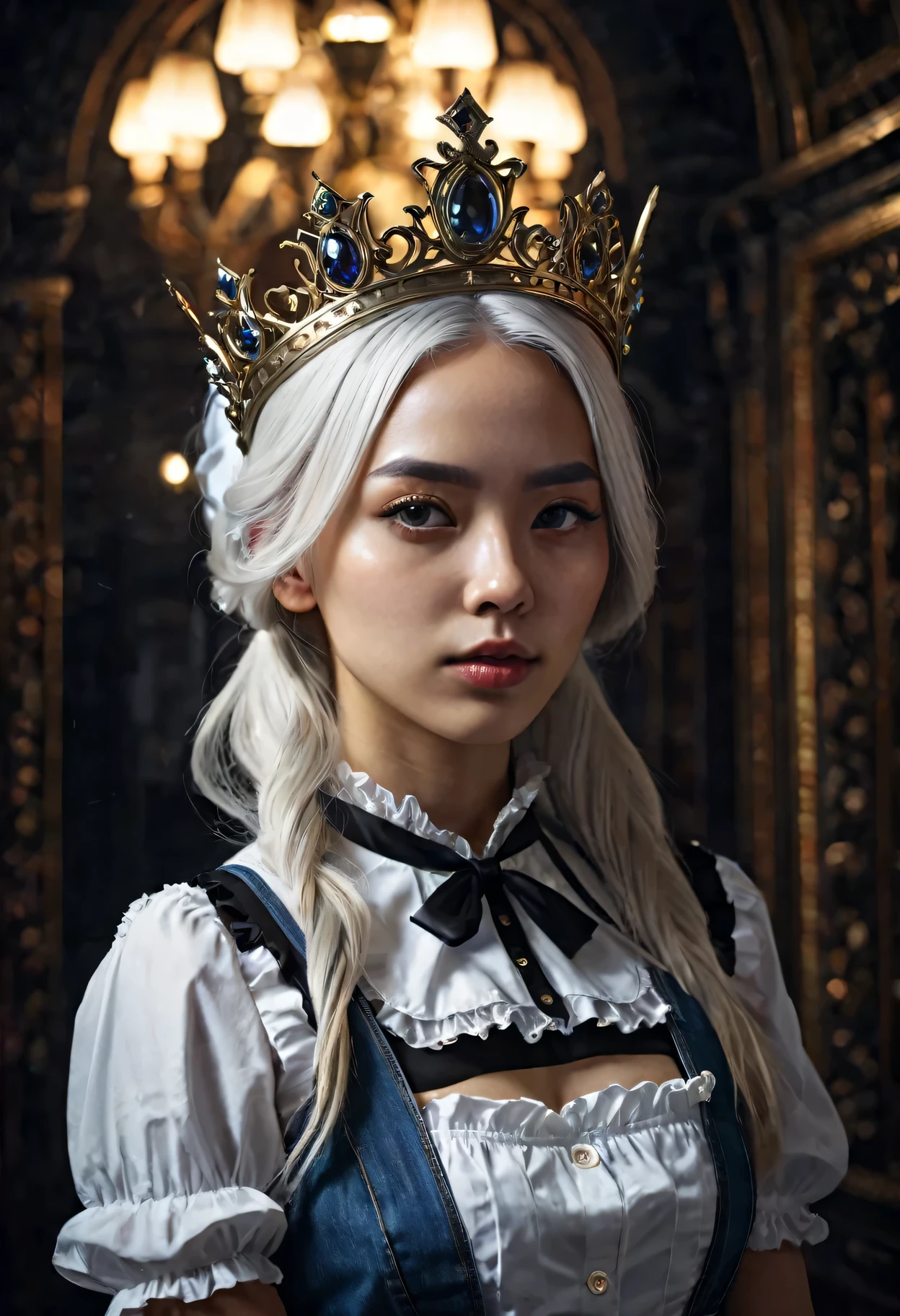 (in the darkness: 1.6),Surrealist female portrait, fantasy art, photorealism, Dynamic lighting, art station, poster, Volumetric lighting, Very detailed faces, 4k, won,, 1 girl, in the darkness, deep shadow, low profile, denim lenses, (maid outfit: 1.4), long hair, white hair, broken into pieces, luxurious palace, royal style, put the crown on your head,