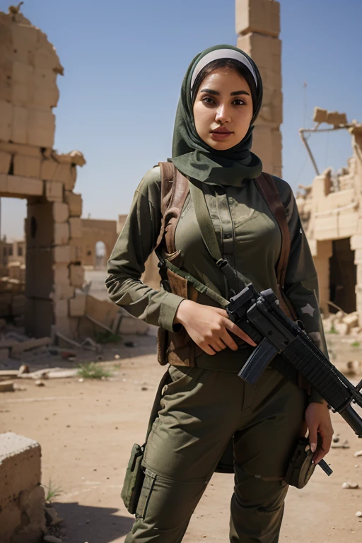 1 girl, Arab, wearing a hijab, army uniform, wearing a body vest, curled eyelashes, brown eyes, holding an M14 weapon, standing in front of the ruins of a city in the Middle East